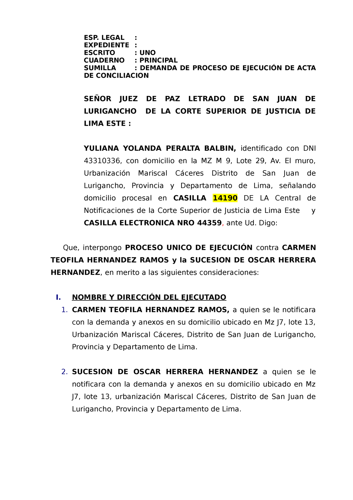 Demanda De Ejecucion De Acta Conciliacion 1 Esp Legal Expediente Escrito Uno Cuaderno 0307