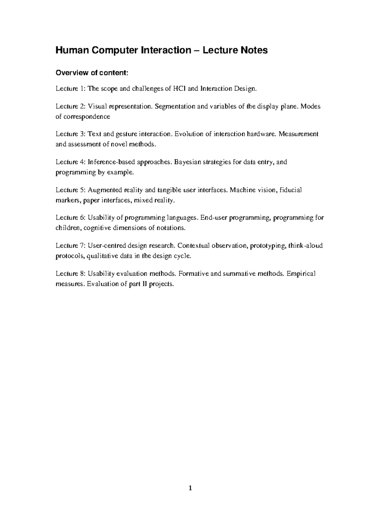 Computer Science - Lecture Notes 1-4 - Human Computer Interaction ...