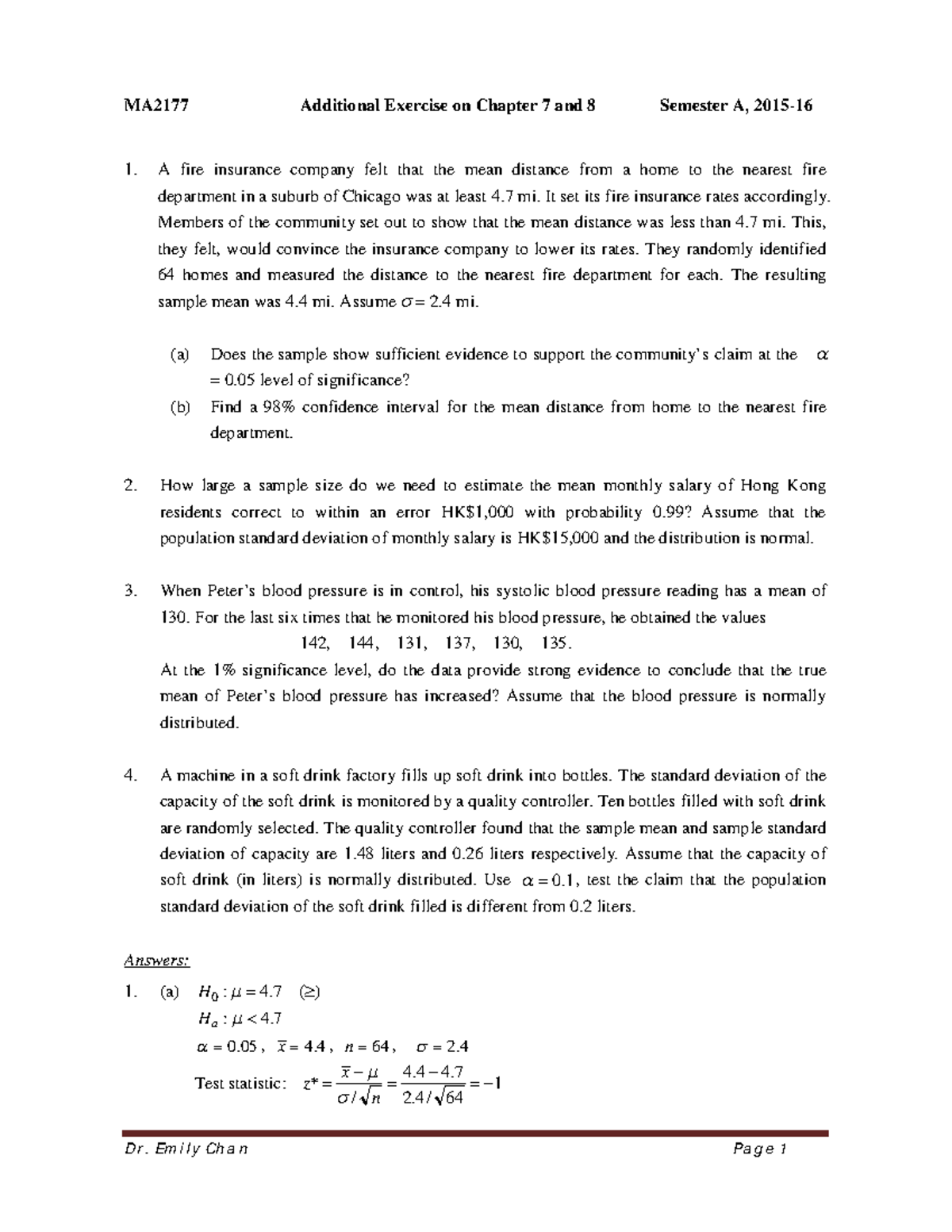 MA2177 Additional Ex7 - MA2177 1. Additional Exercise on Chapter 7 and ...