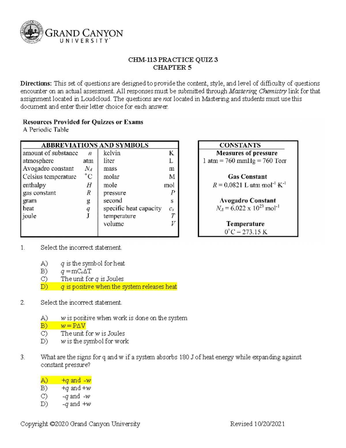 Chem practice quiz 3 CHM113 GCU Studocu