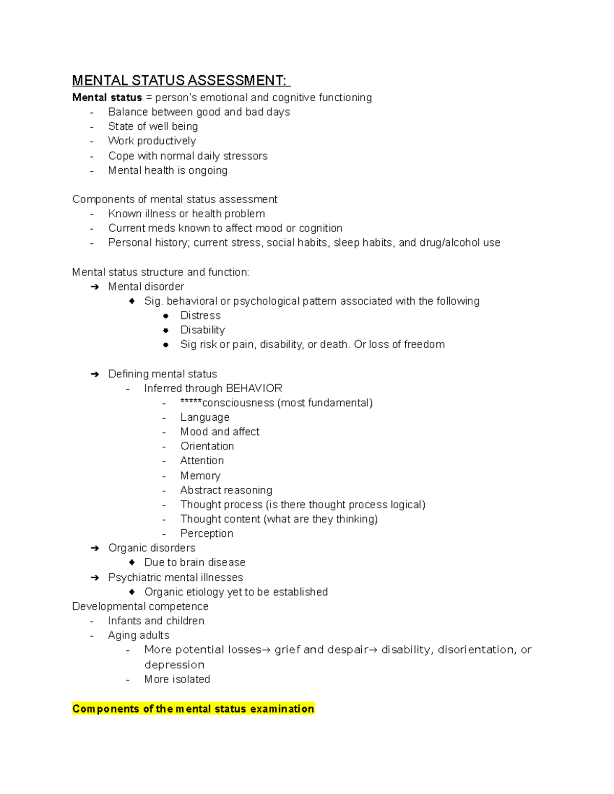 Health Assessment quiz 2 study guide - MENTAL STATUS ASSESSMENT: Mental ...