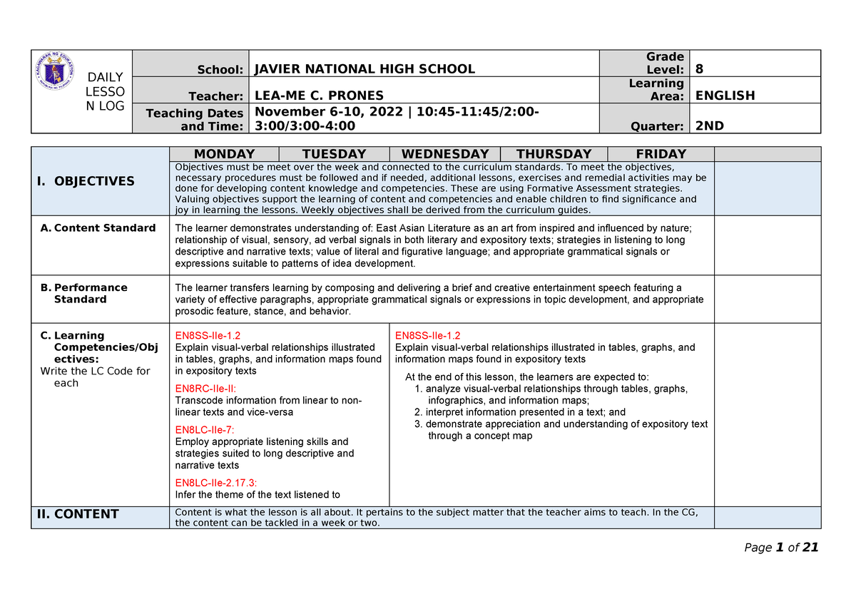 2ND Quarter DLL In English 8 - DAILY LESSO N LOG School: JAVIER ...