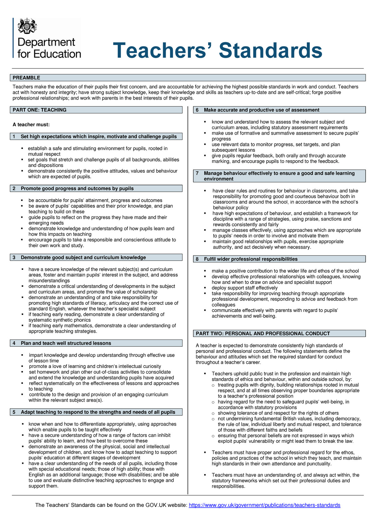 Teachers Standard Information The Teachers Standards Can Be Found On The GOV Website Studocu