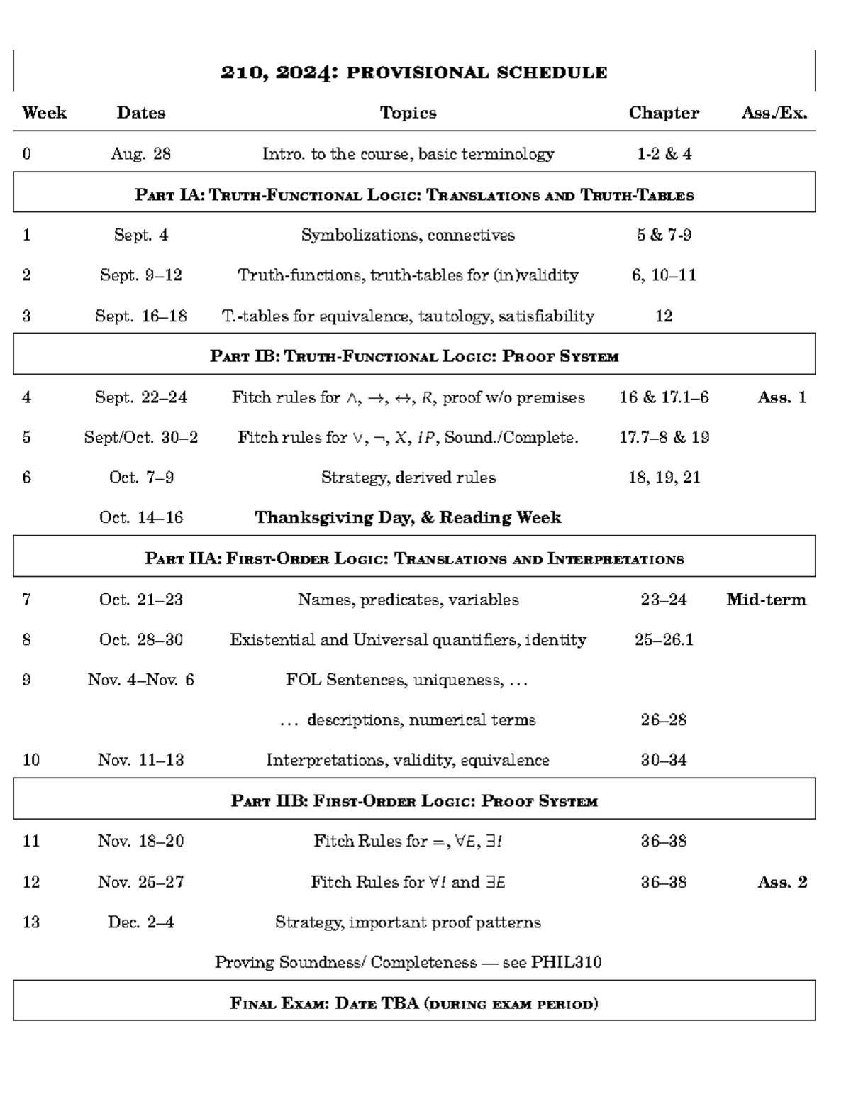 Provisional Schedule for Readings - 210, 2024: provisional schedule ...