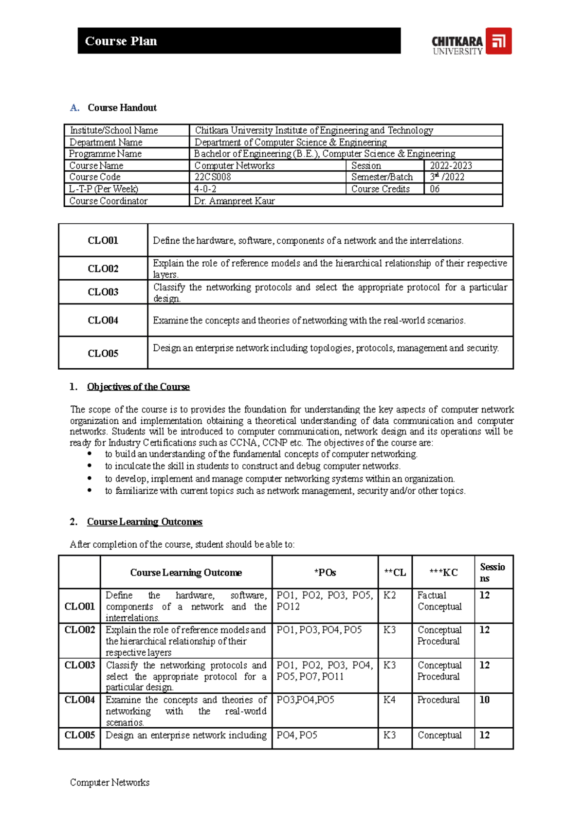 CHO Computer Networks 22CS008 Batch 2022 13-09-2023 - A. Course Handout ...