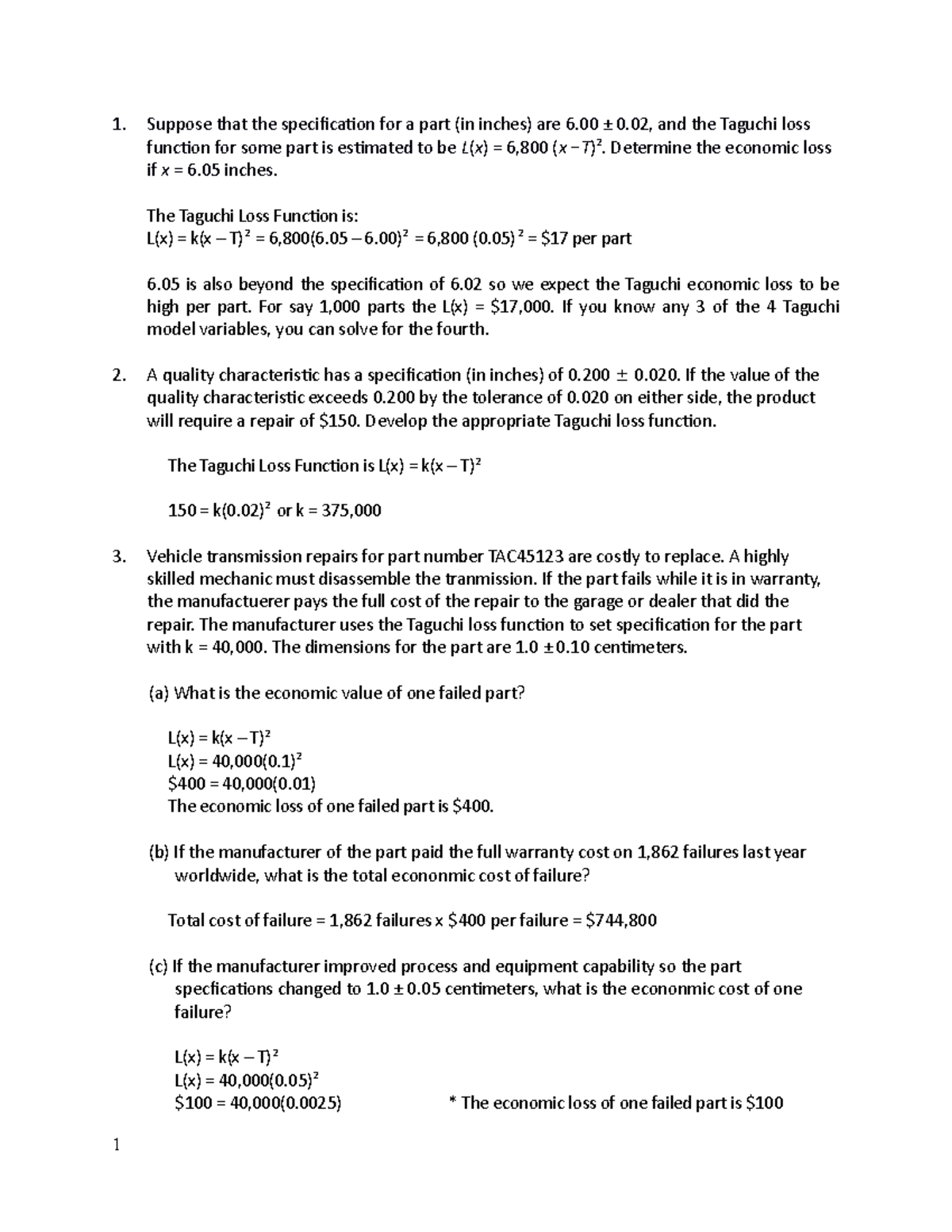 Taguchi Reliability Practice Problems With Solutions - Suppose That The 