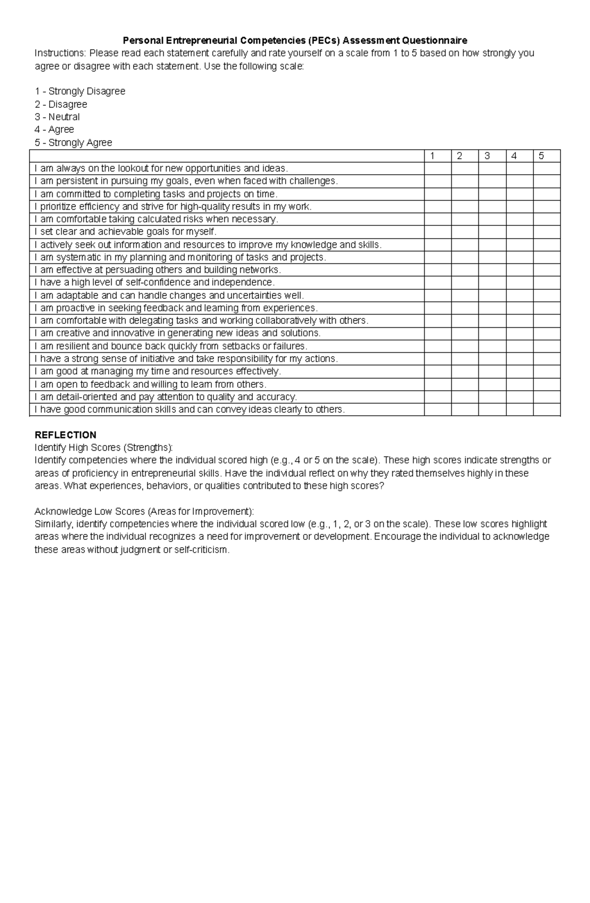 PECS Assessment - ACTIVITY - Personal Entrepreneurial Competencies ...