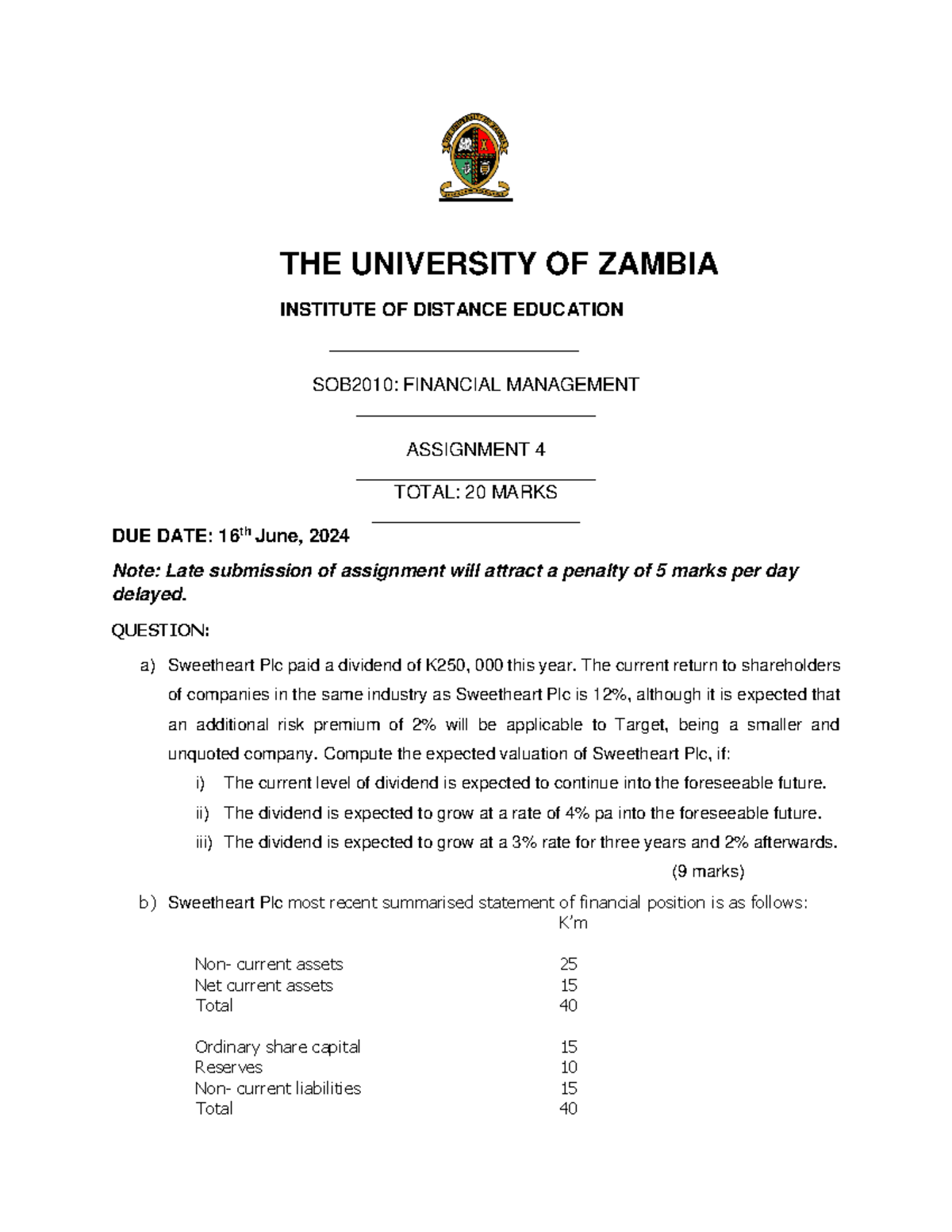 Assignment 4 - THE UNIVERSITY OF ZAMBIA INSTITUTE OF DISTANCE EDUCATION