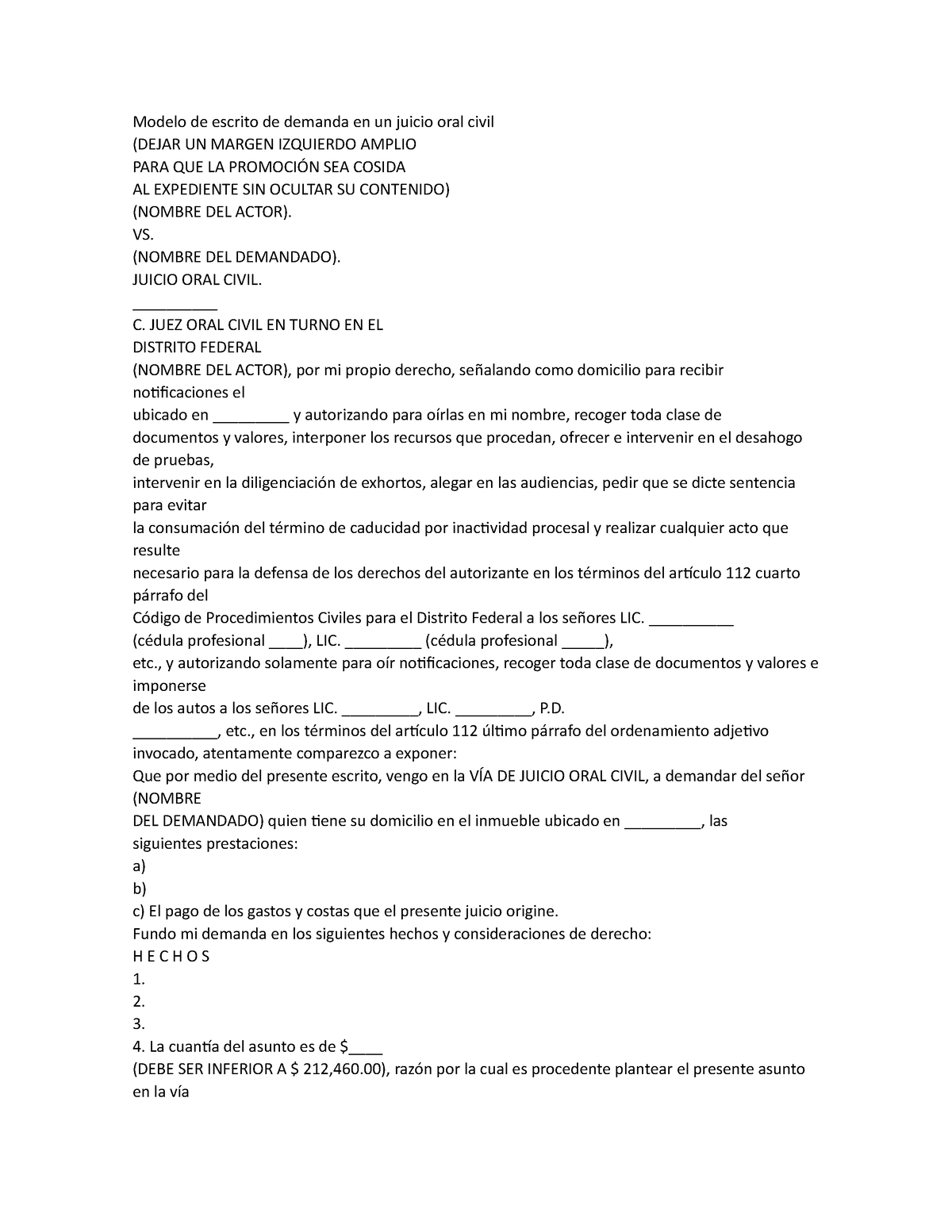 Modelo de escrito de demanda en un juicio oral civil - VS. (NOMBRE DEL  DEMANDADO). JUICIO ORAL - Studocu