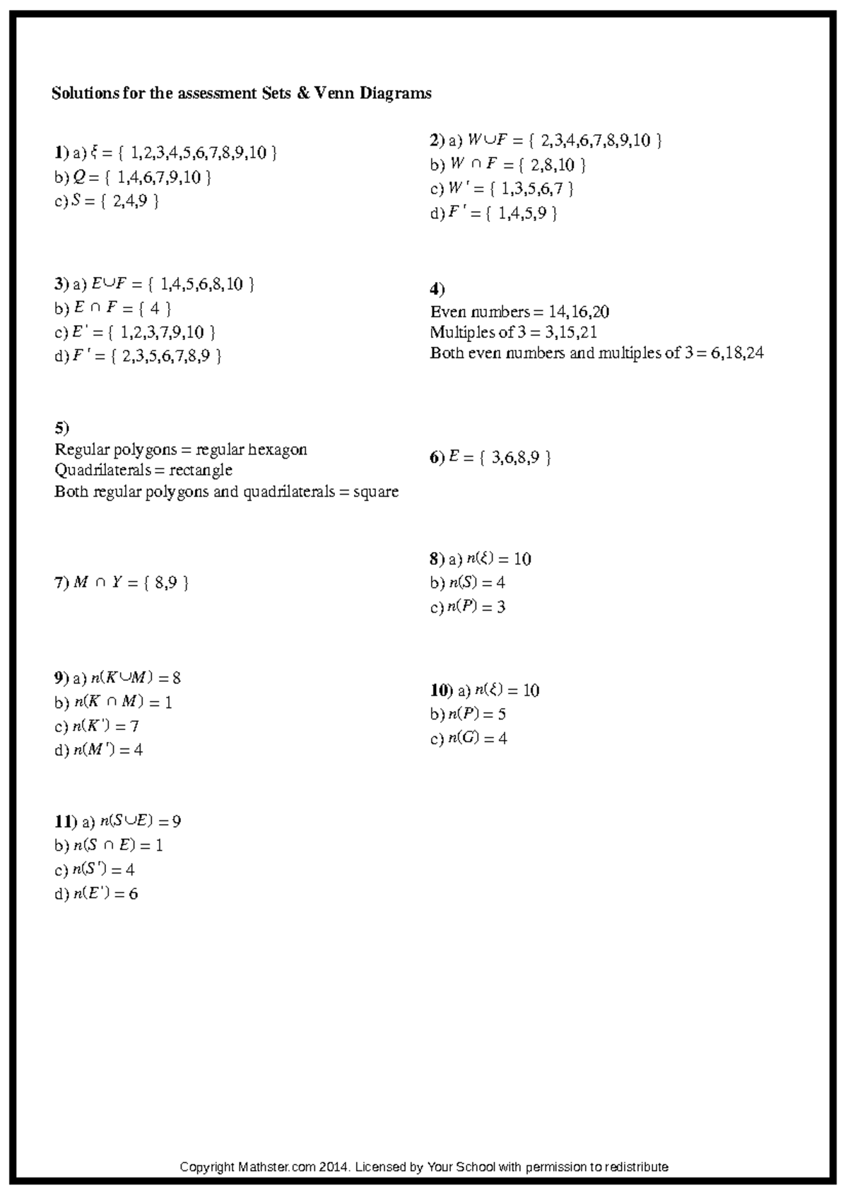 Sets & Venn Diagrams Key - Solutions for the assessment Sets & Venn ...