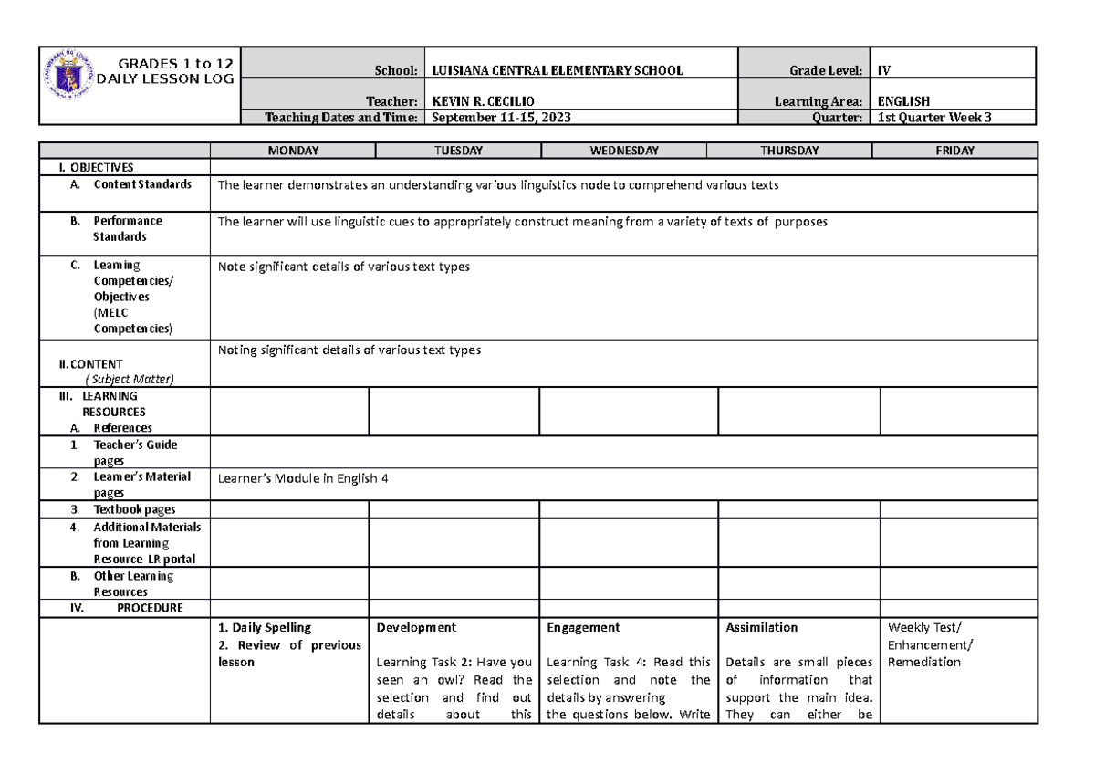 Grade 4 Q1 Week 3 DLL-Pivot - GRADES 1 to 12 DAILY LESSON LOG School ...