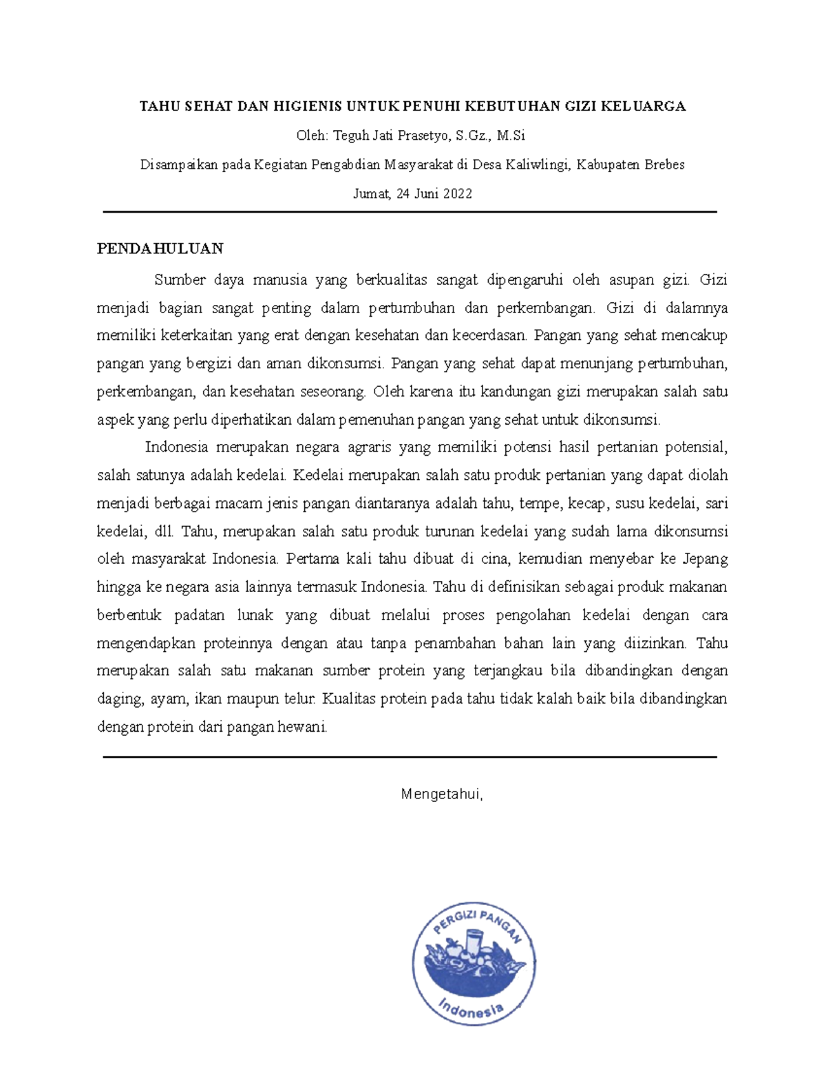 Makalah Pengabdian TAHU Sehat Higienis - TAHU SEHAT DAN HIGIENIS UNTUK ...
