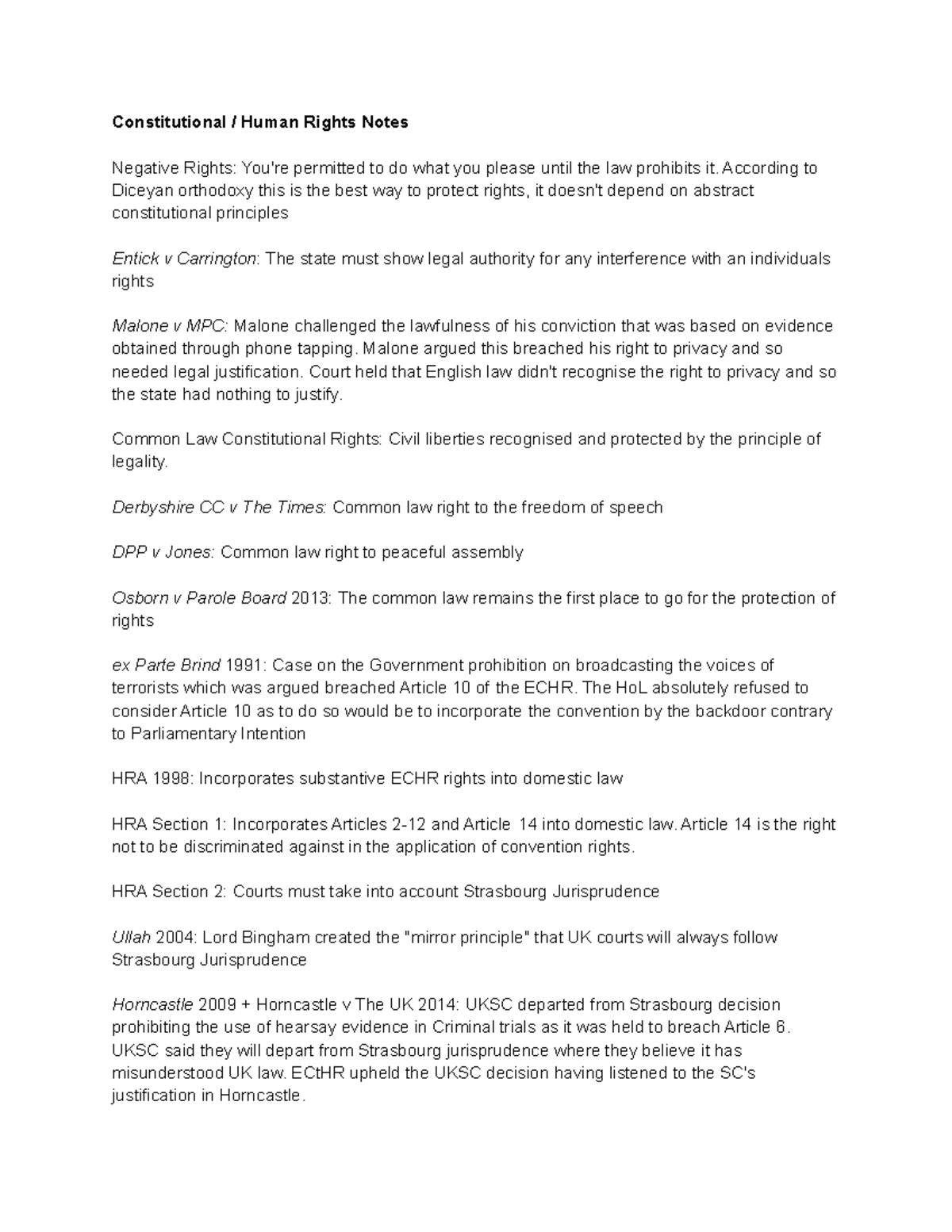 Constitutional Human Rights Constitutional / Human Rights Notes