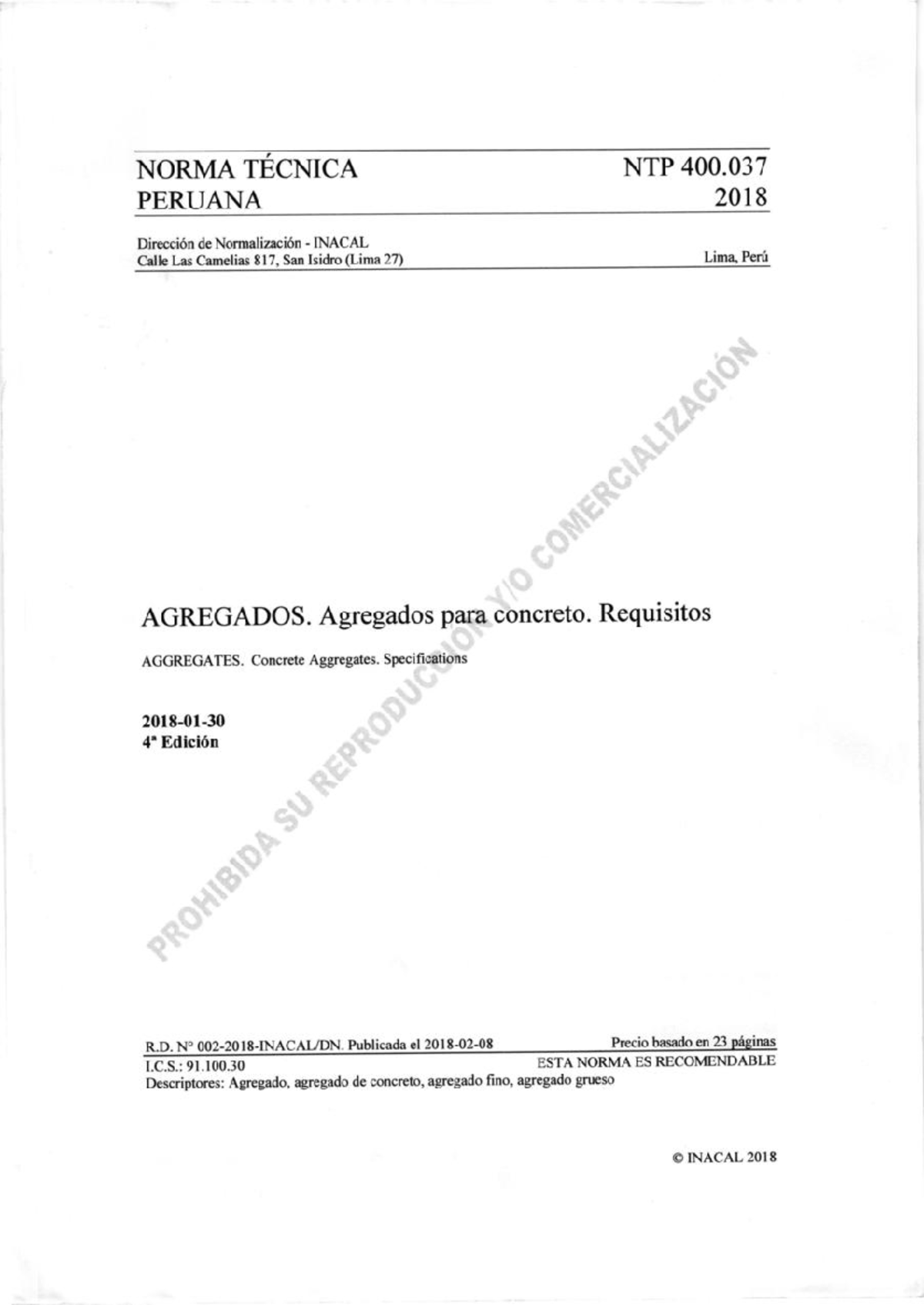 NTP 400 037 2018 Agregados De Concreto - NORMA TECNICA PERUANA NTP 400 ...