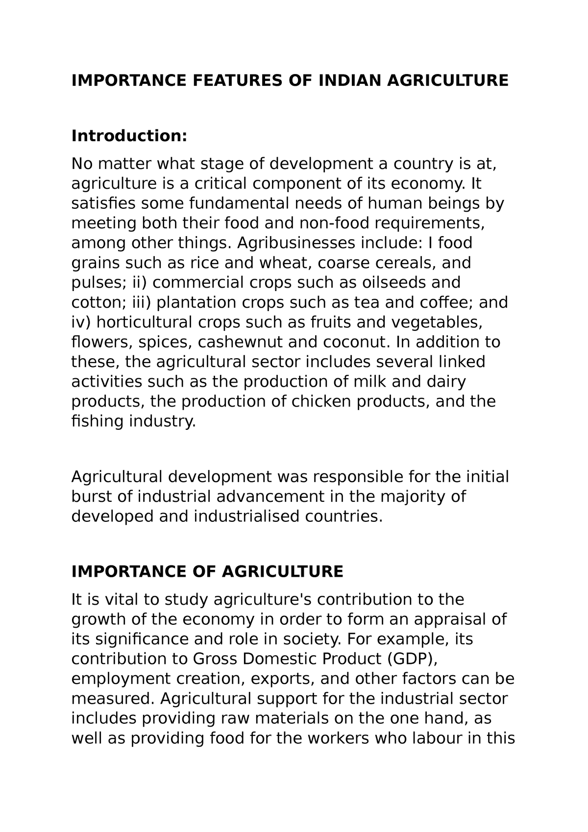 Importance Features OF Indian Agriculture Agricultural Economics