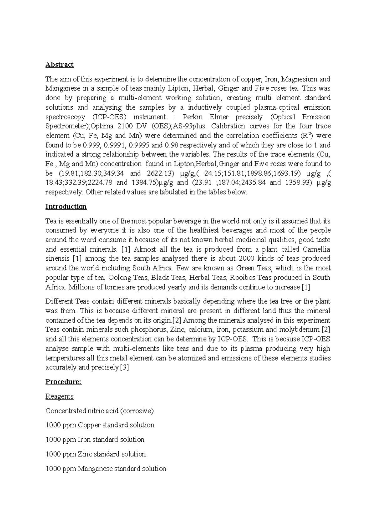 Practical 4 ICP-OES - Abstract The aim of this experiment is to ...