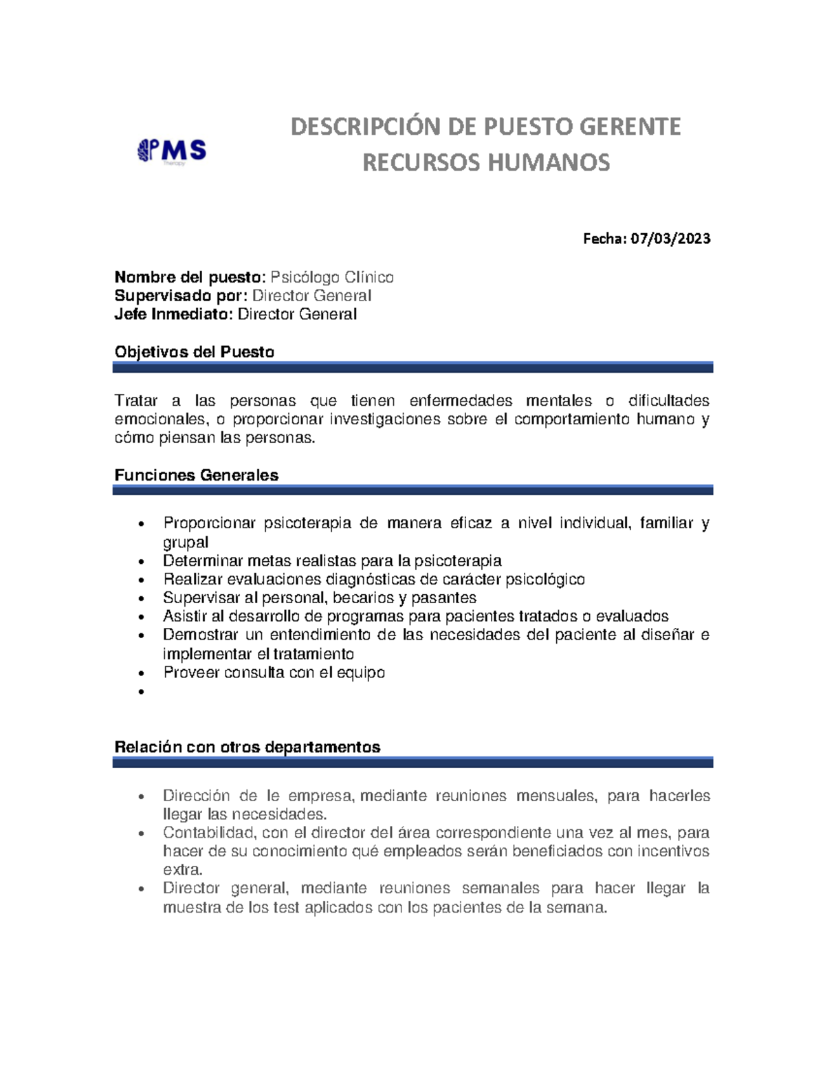 Formato Descripci N De Puestos Psicologo Clinico Fecha Nombre