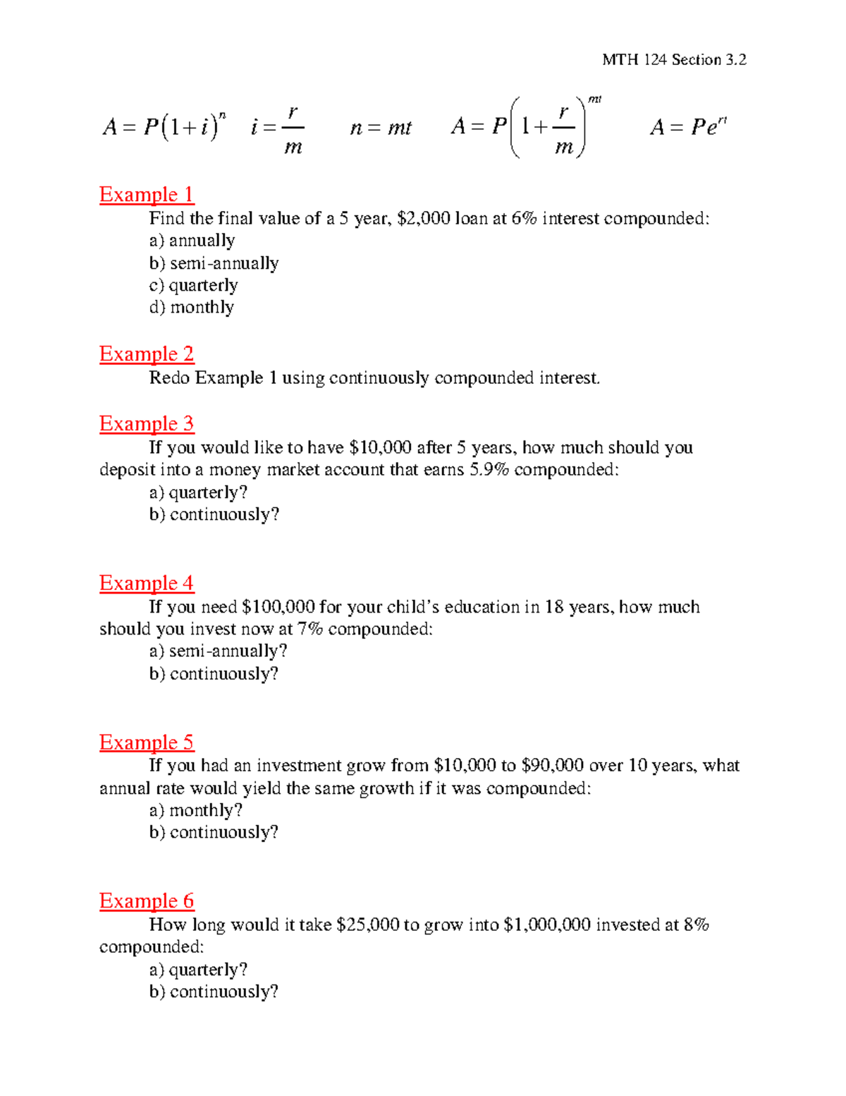 MTH 124 Section 3.2 In class examples - MTH 124 Section 3. ( 1 ) n A ...