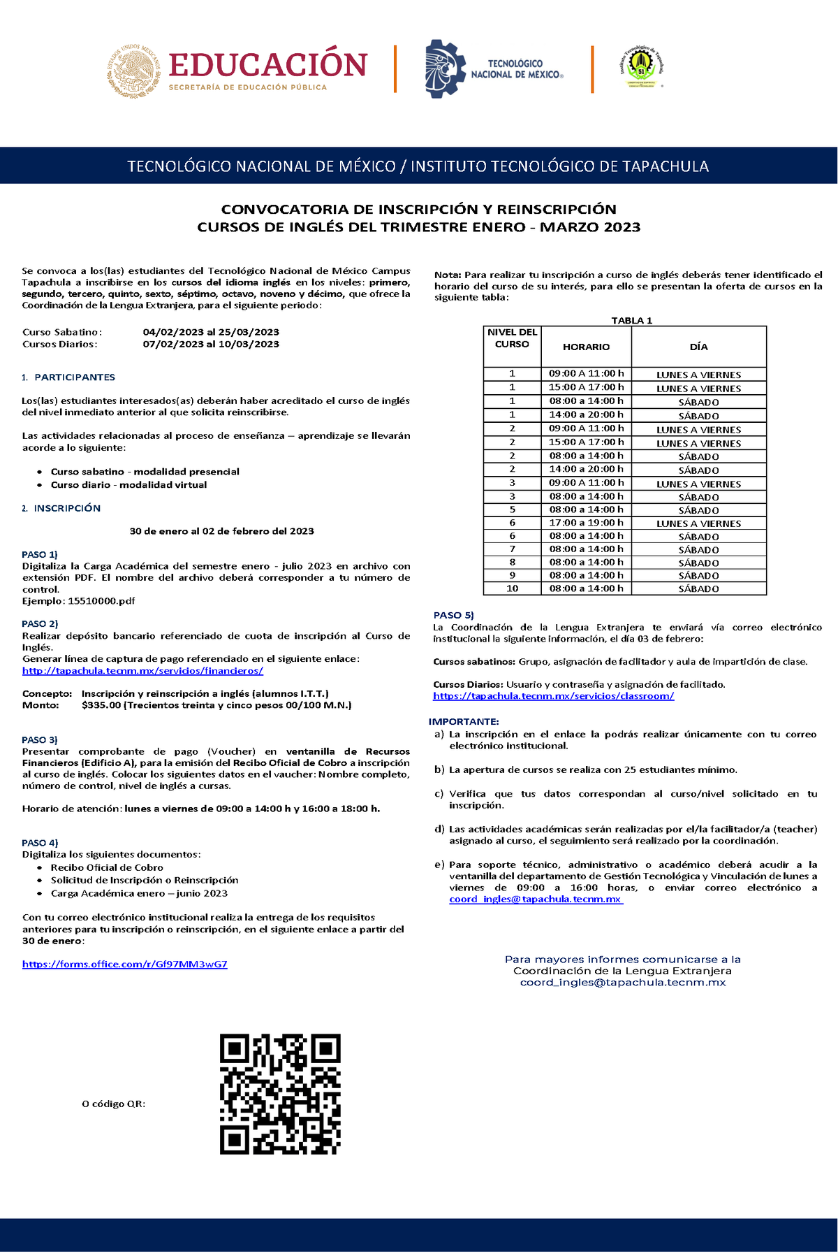 Convoc Inglés Reinscripción - CONVOCATORIA DE INSCRIPCI”N Y REINSCRIPCI ...