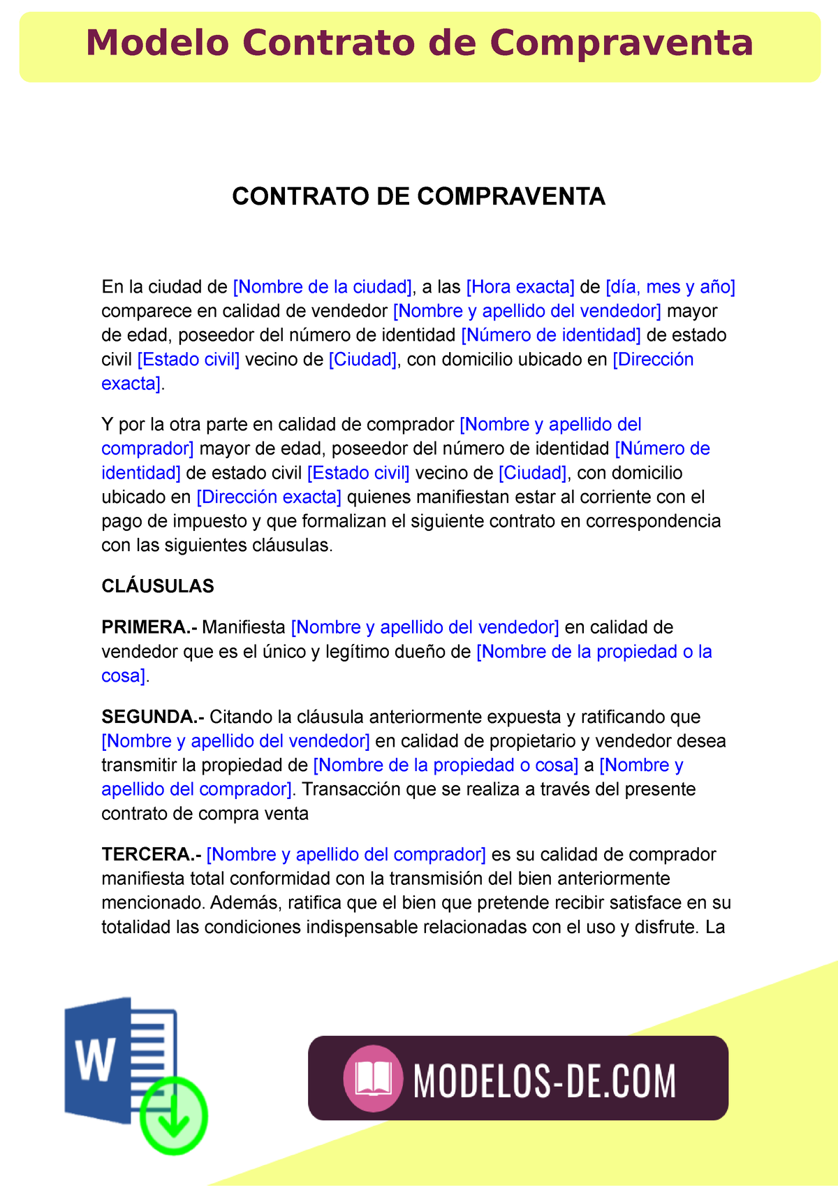 Modelo Contrato de Compraventa - CONTRATO DE COMPRAVENTA En la ciudad de  [Nombre de la ciudad], a - Studocu