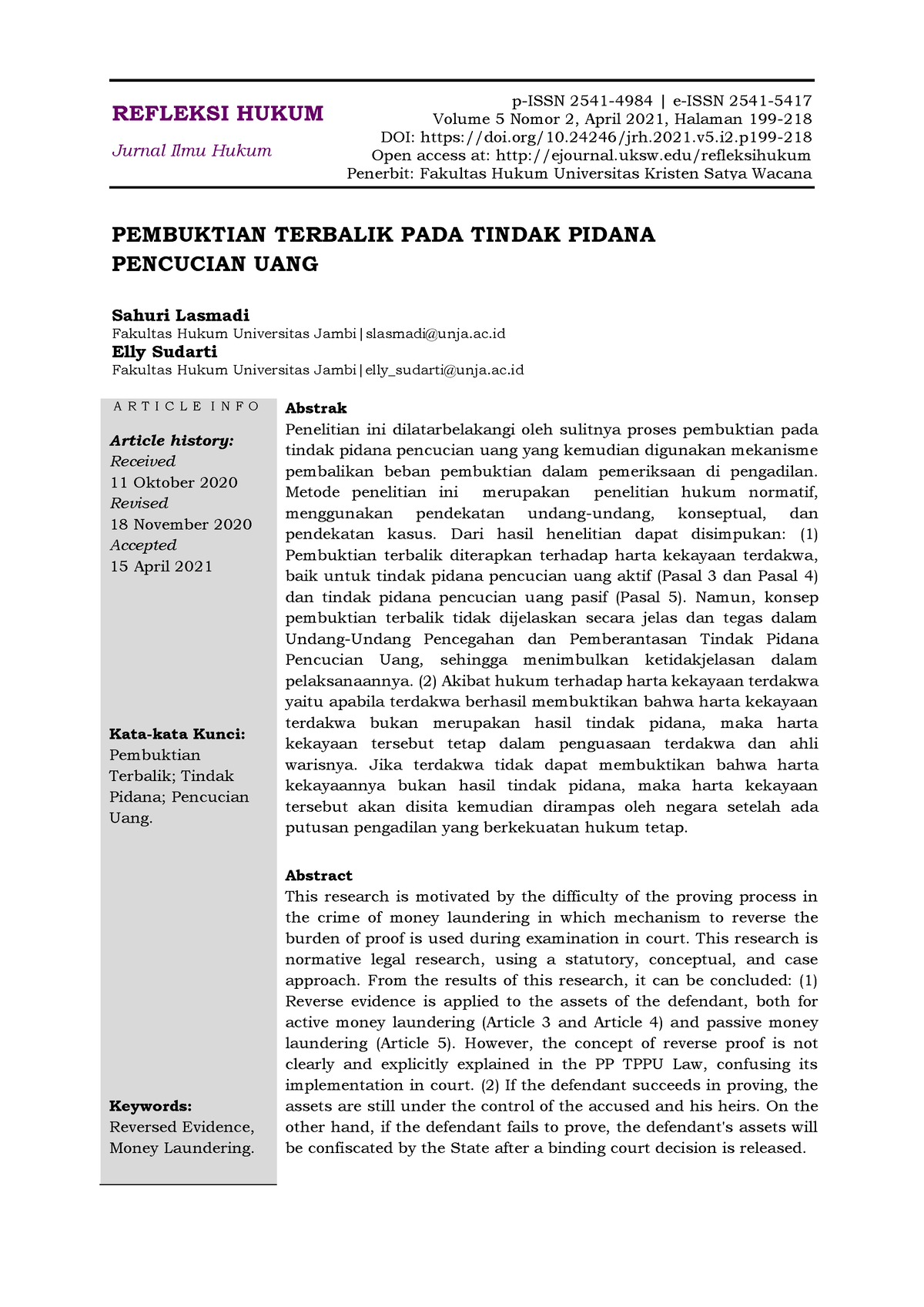 Pembuktian Terbalik PADA Tindak Pidanapencucian UANG - REFLEKSI HUKUM ...