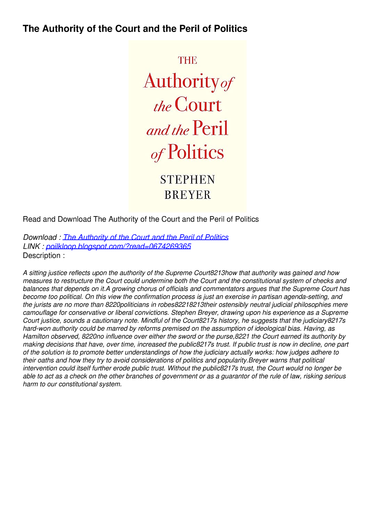 PDF The Authority of the Court and the Peril of Politics download The