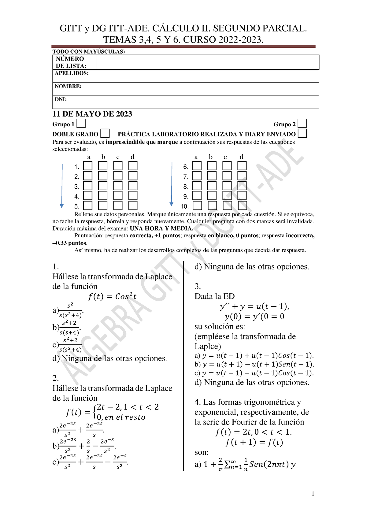 Cálculo II Segundo Parcial Curso 2022-23 GITT Y DG ITT-ADE - CÁLCULO II ...