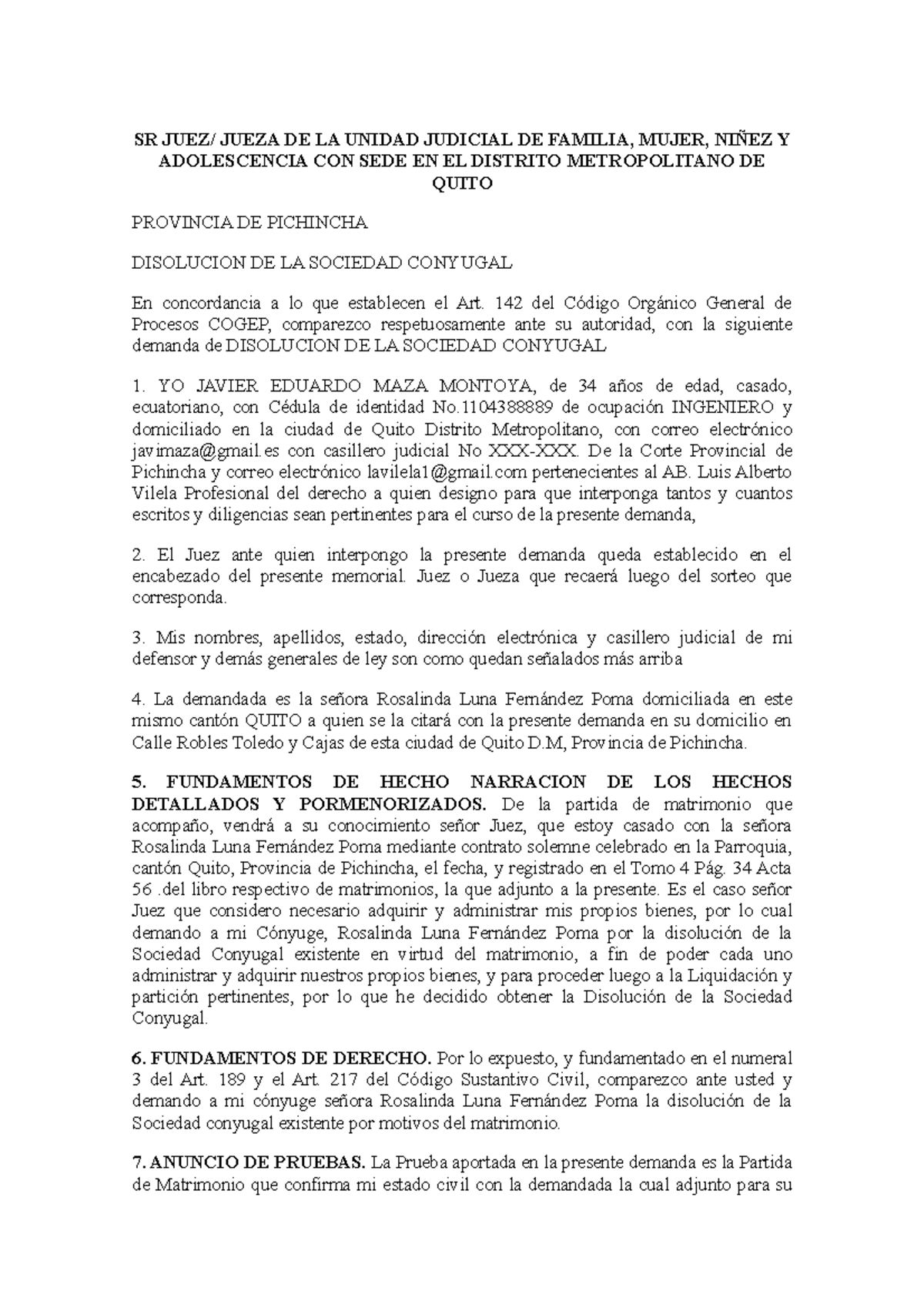 Disolucion Conyugal Trabajo Realizado Sr Juez Jueza De La Unidad Judicial De Familia Mujer 6593