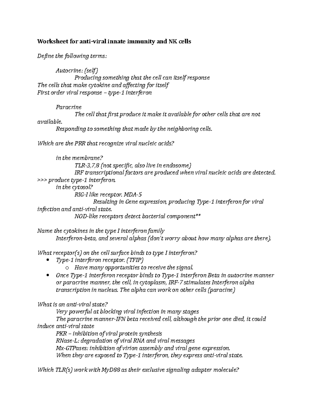 Worksheet for antiviral innate immunity and NK cells - Responding to ...