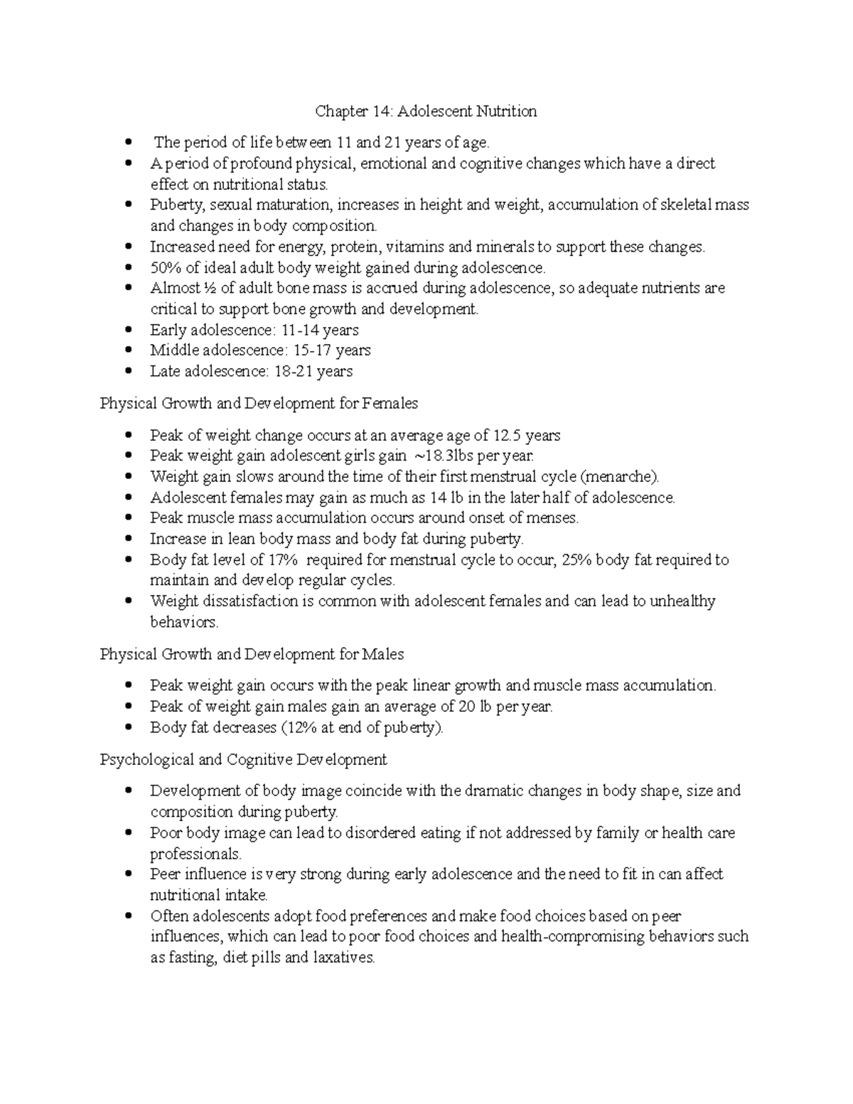 NUTR Chapter 14 notes - Chapter 14: Adolescent Nutrition The period of ...