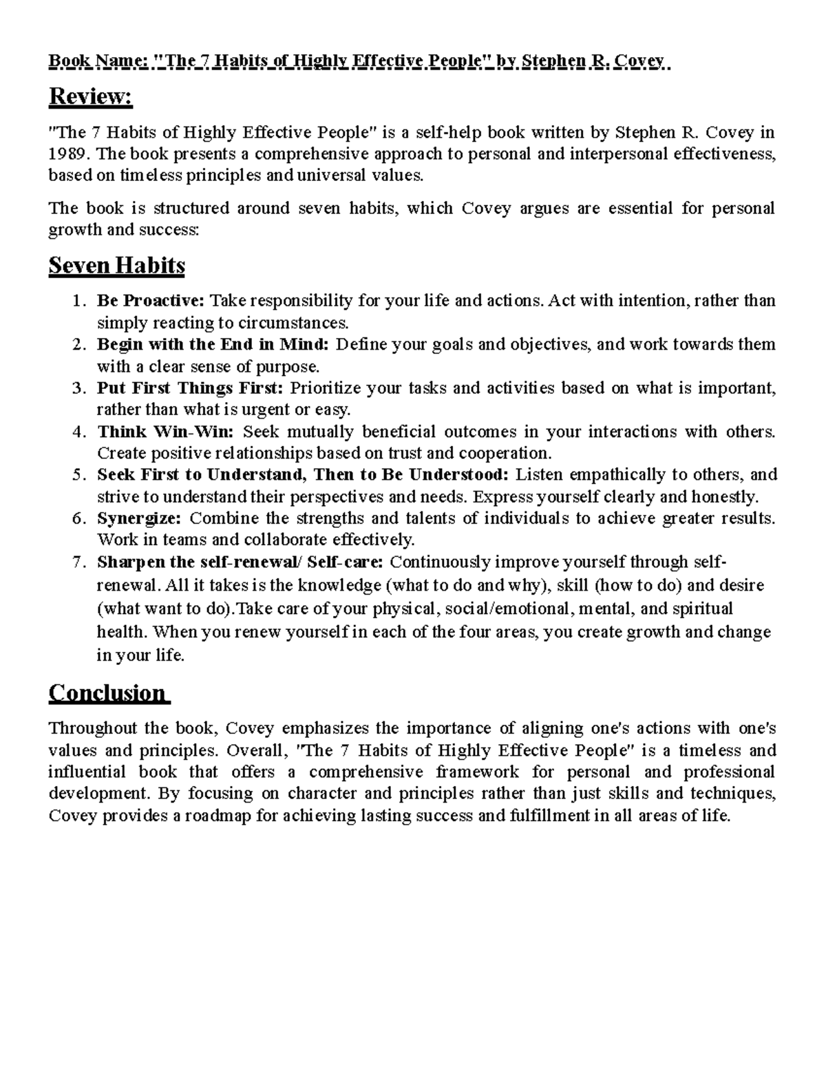The 7 Habits of Highly Effective People by Stephen R. Covey-Summary ...