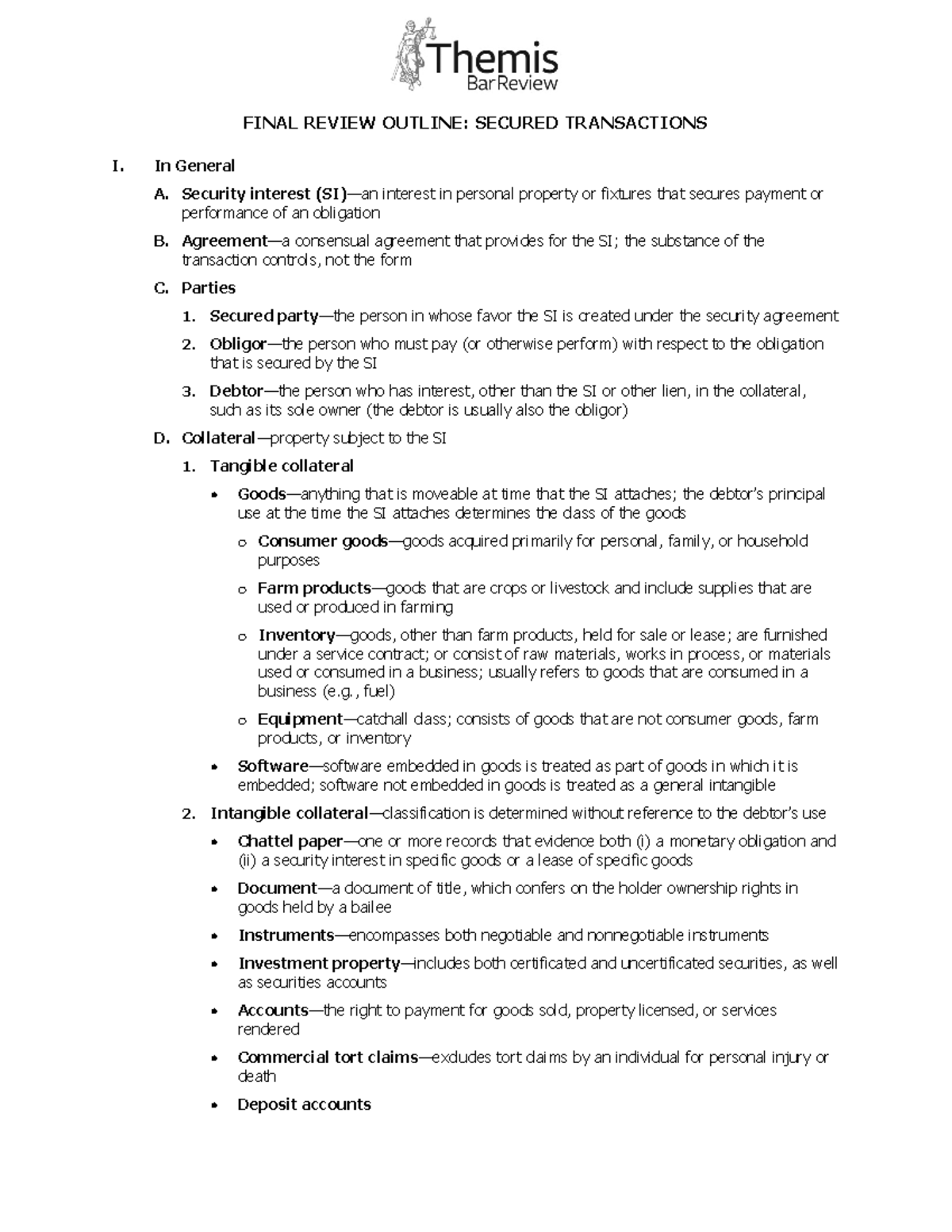 MEE - NY Bar exam Practice - FINAL REVIEW OUTLINE: SECURED TRANSACTIONS ...