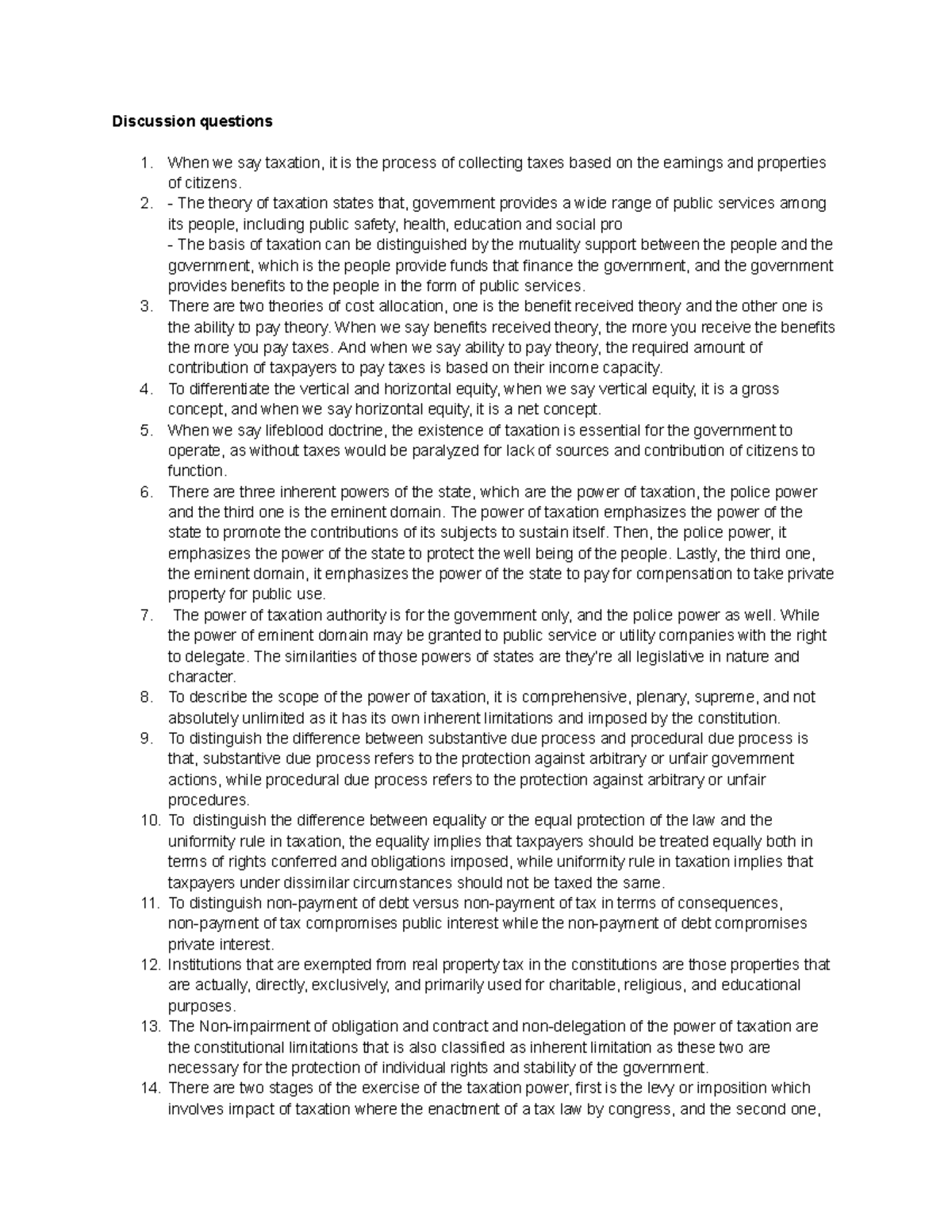 Taxation - ANONYMOUS - Discussion questions 1. When we say taxation, it ...