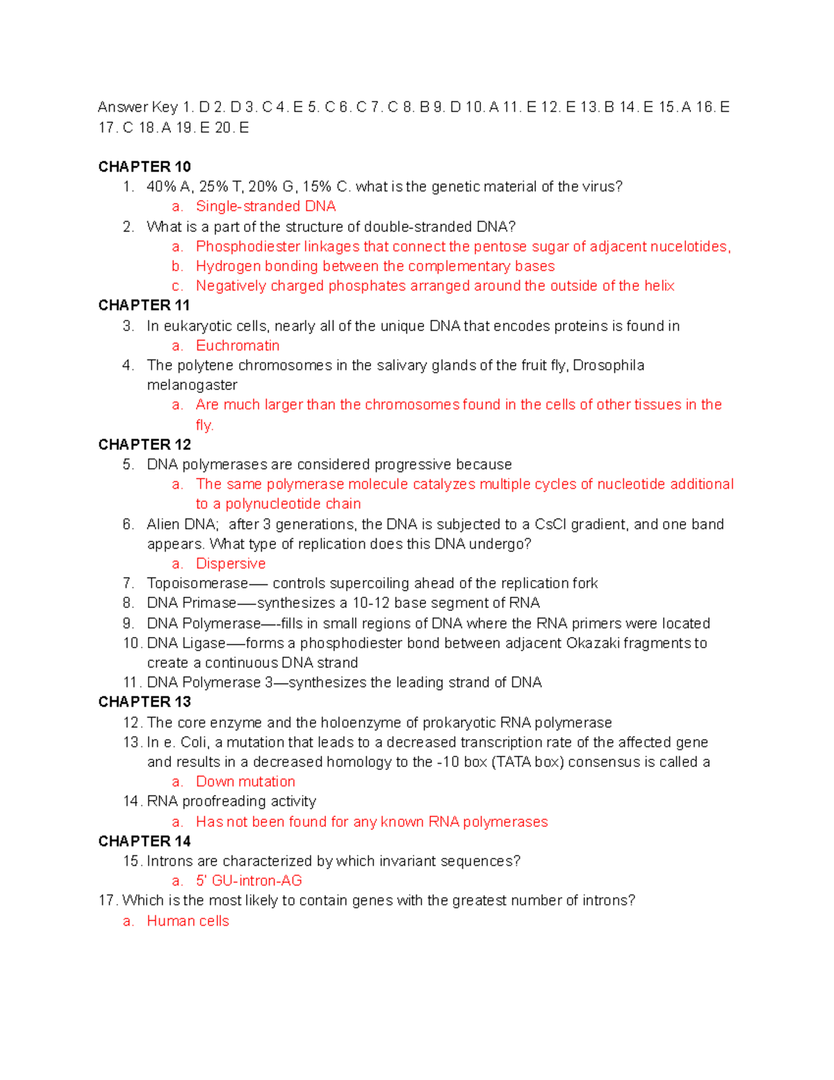 Genetics Exam 3 Questions Part 1 - Answer Key 1. D 2. D 3. C 4. E 5. C ...