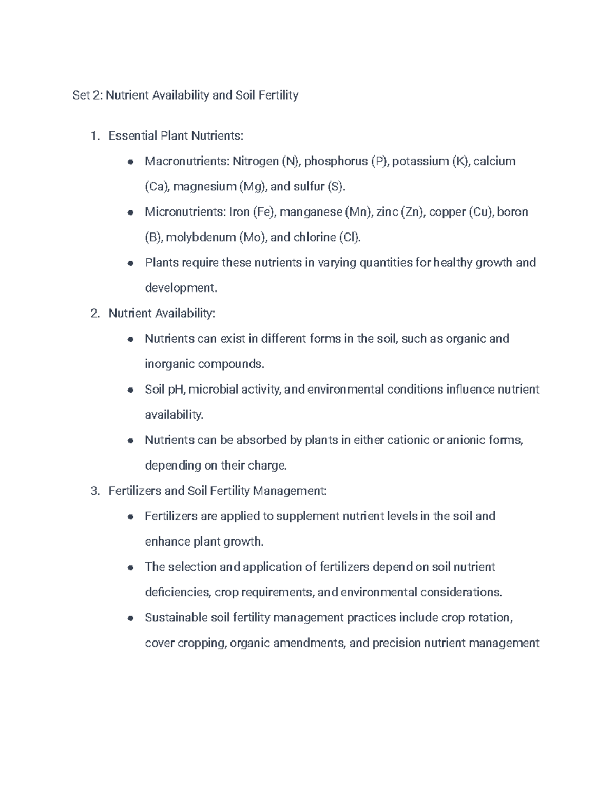 Set 2 Nutrient Availability and Soil Fertility Set 2 Nutrient Availability and Soil Fertility