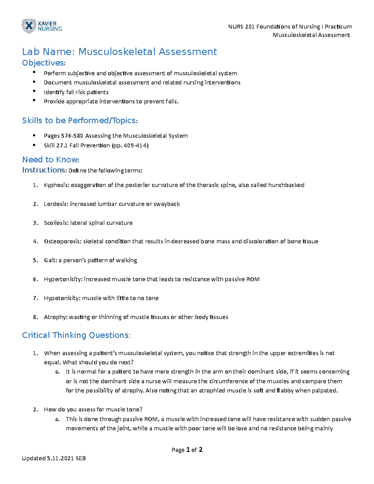 Musculoskeletal Lab Guide NURS 201 Foundations of Nursing I Practicum