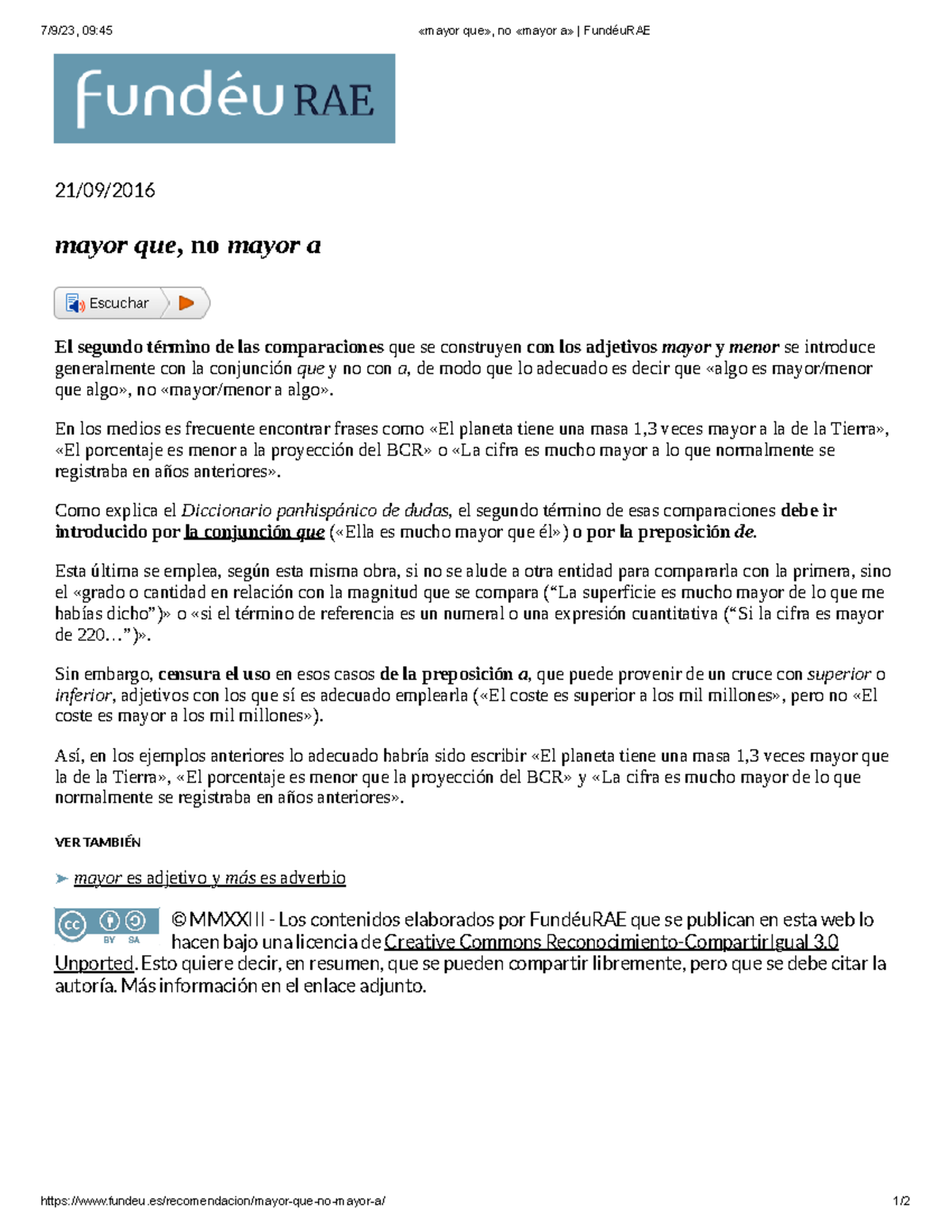 «mayor que», no «mayor a» Fundéu RAE - 7/9/23, 09:45 «mayor que», no ...