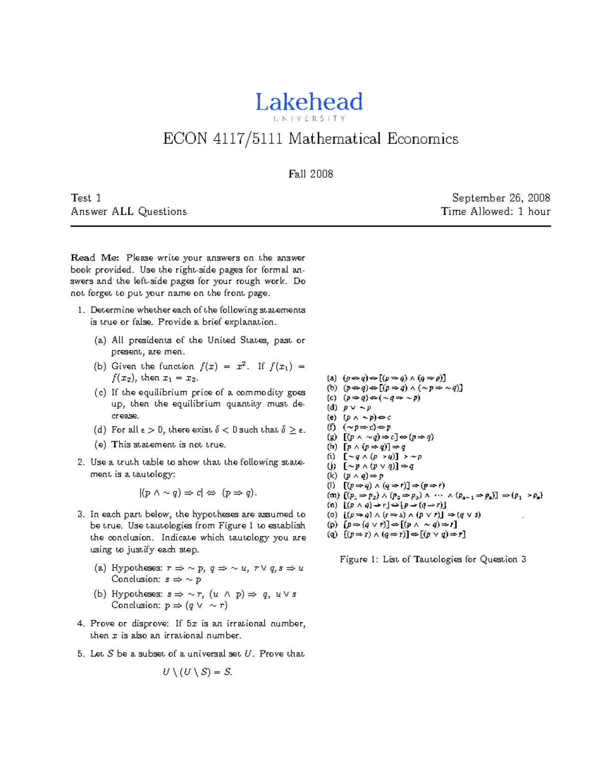 Exam 2008, questions - ECON Mathematical Economics Fall 2008 Test 1 ...