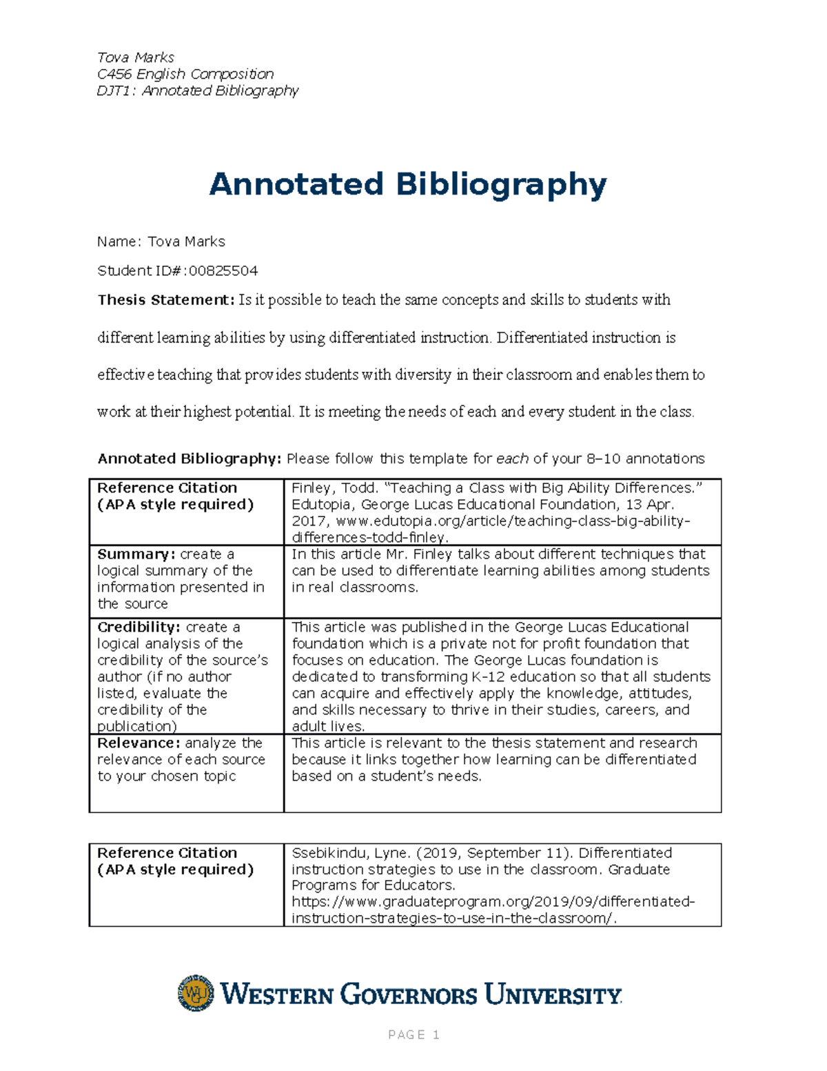 Annotated Bibliography Tova Marks - Tova Marks C456 English Composition ...