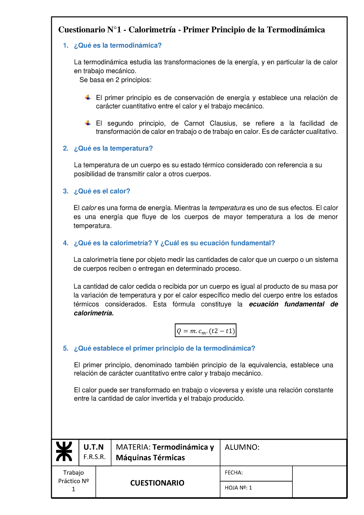 Cuestionario N°1 - Calorimetría 1 - Trabajo Práctico Nº MATERIA ...