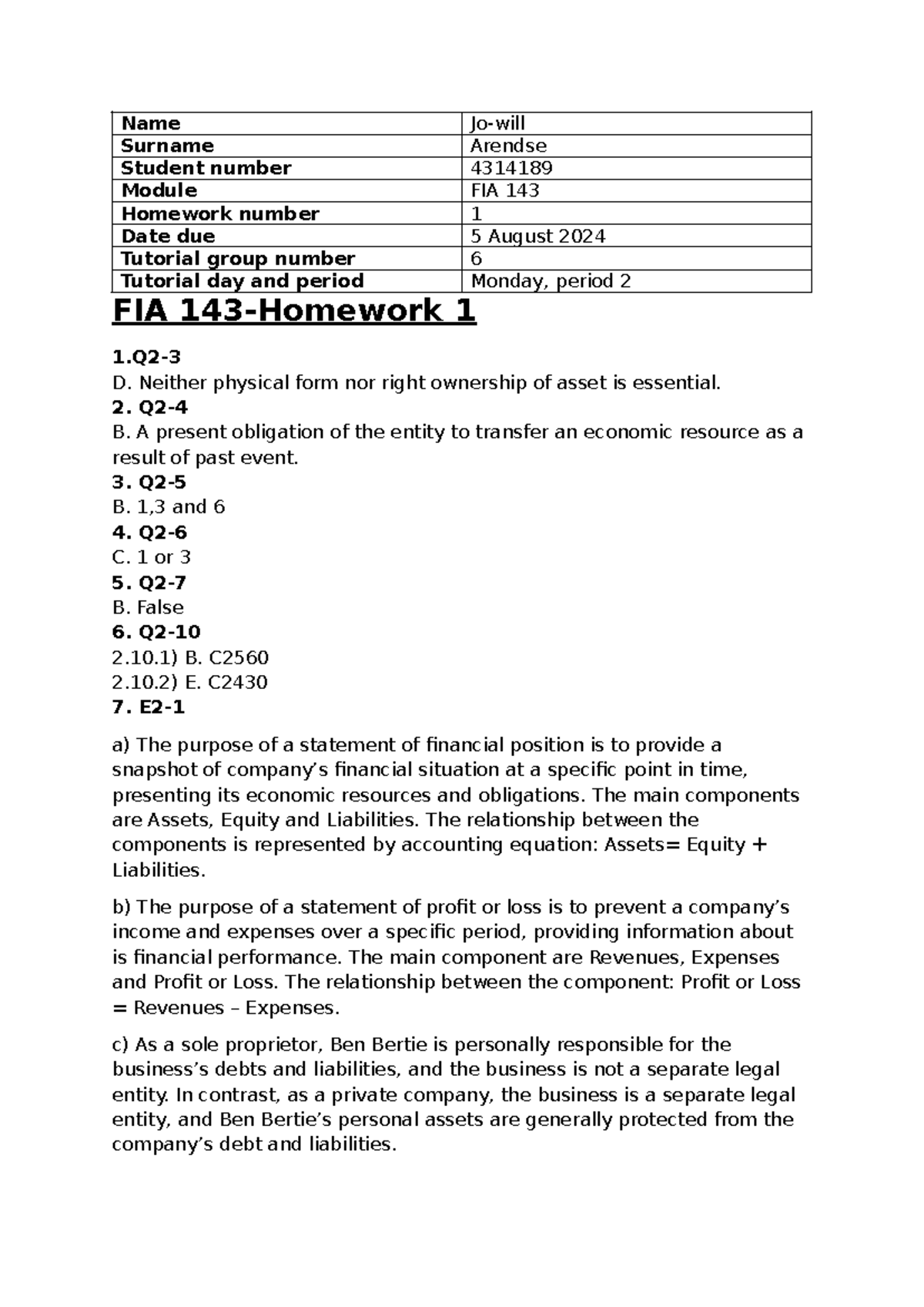FIA 143 Homework 1 - Name Jo-will Surname Arendse Student number ...
