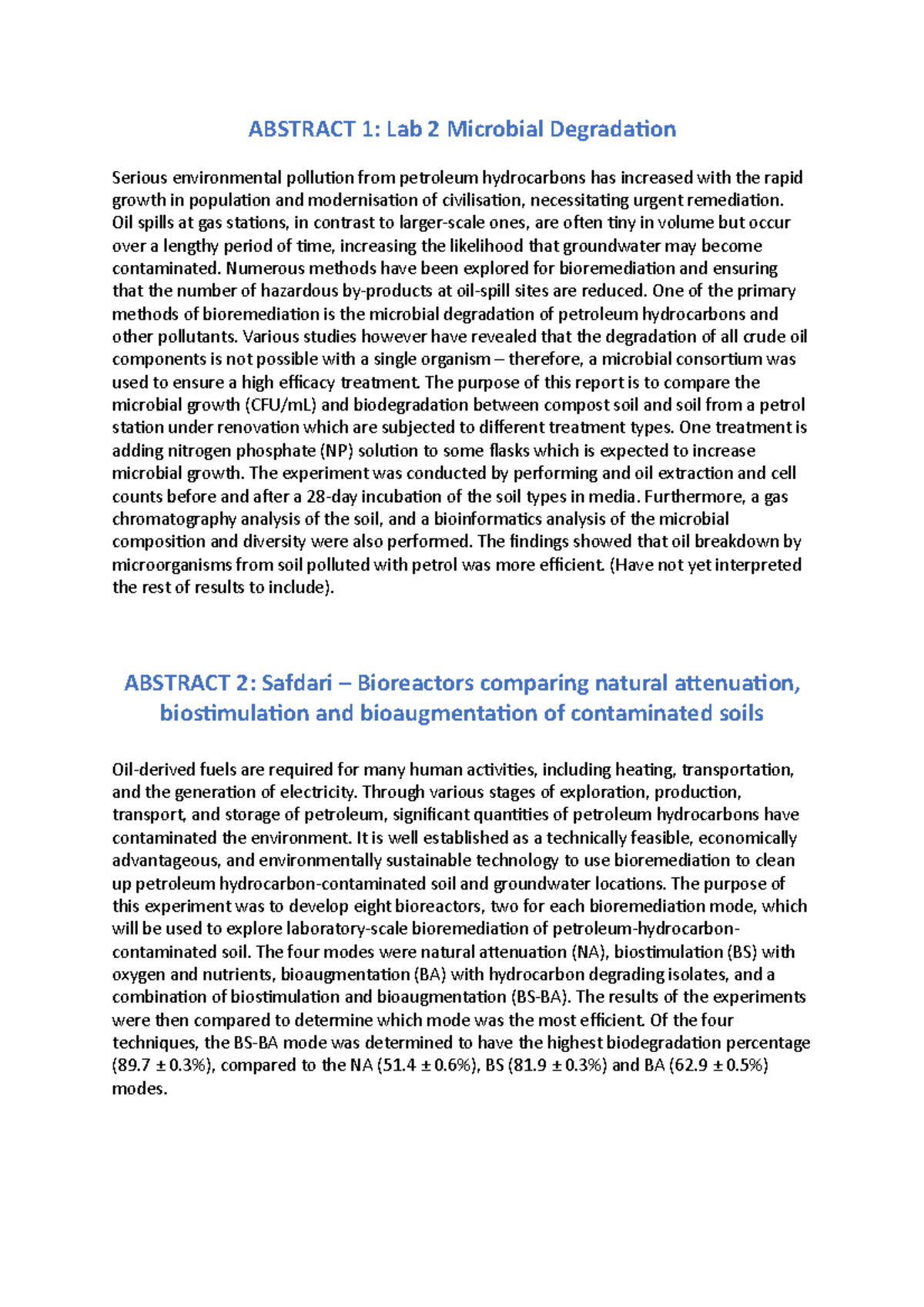 Abstracts - ABSTRACT 1: Lab 2 Microbial Degradation Serious ...
