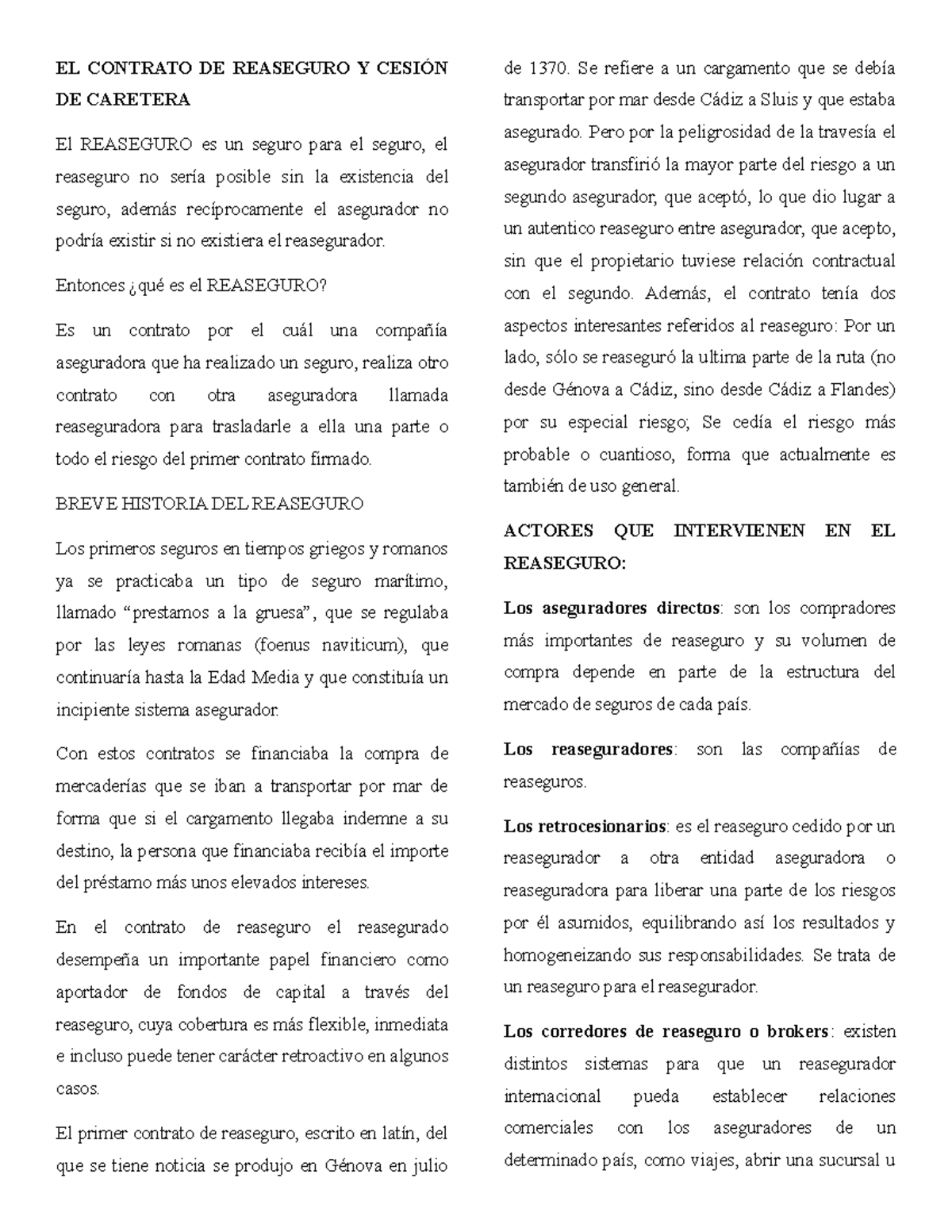 EL Contrato DE Reaseguro Y Sesión DE Caretera Exposición Mercantil 27 ...