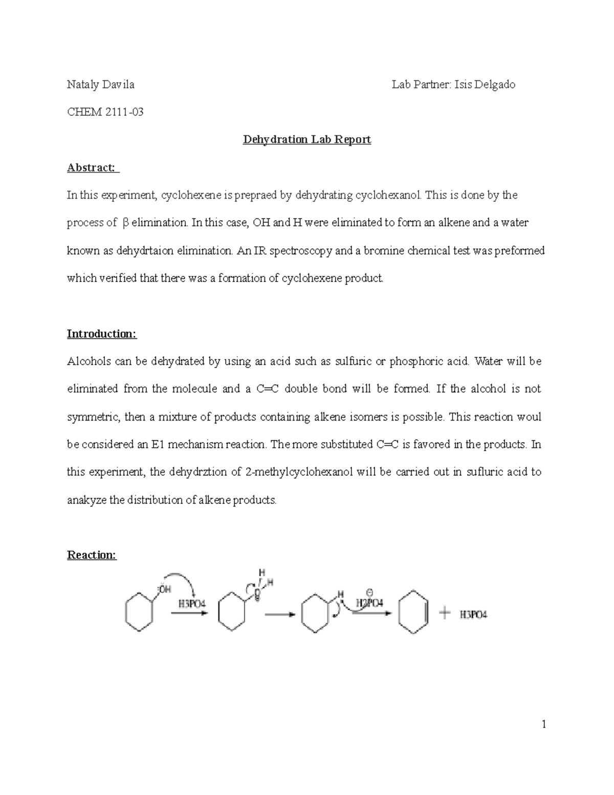 Dehydration Lab report Nataly Davila Lab Partner Isis Delgado CHEM