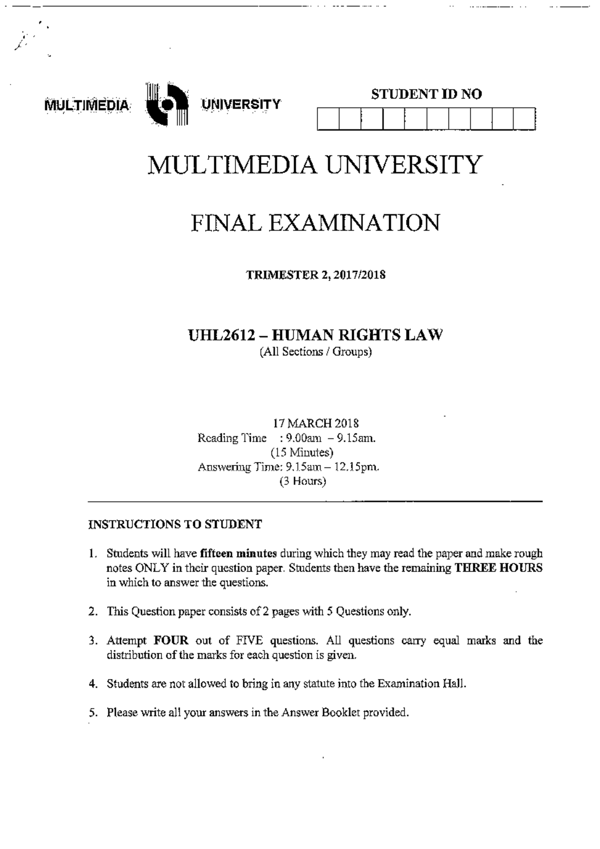 Human Rights Law UHL2612 Final Examination - Studocu