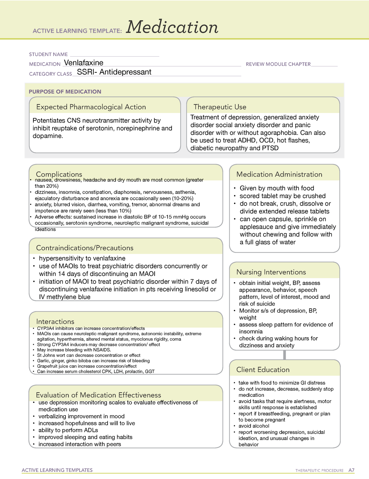 Venlafaxine medication template for pharmacology ACTIVE LEARNING