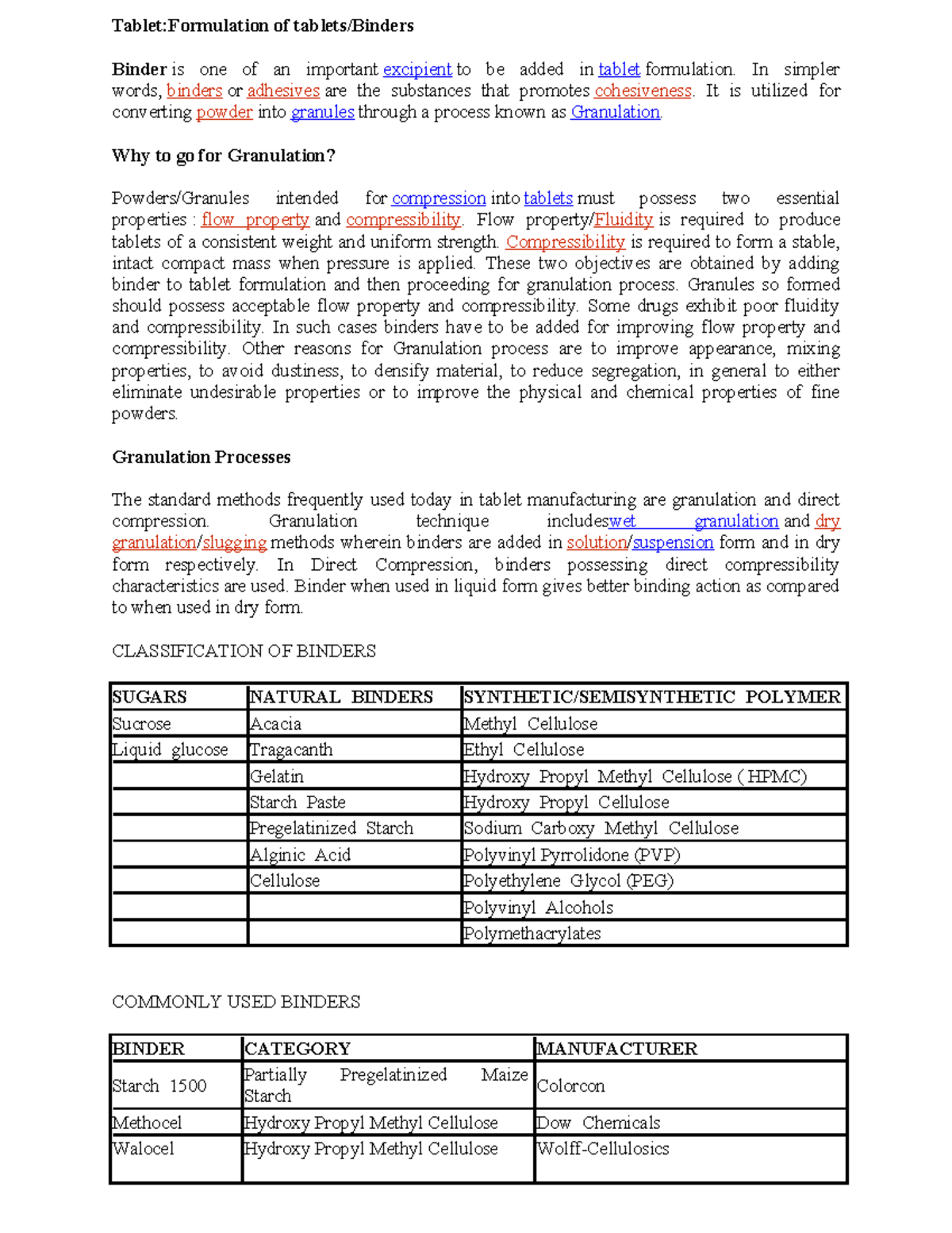 Binder - Jaipur National University - Tablet:Formulation of tablets ...