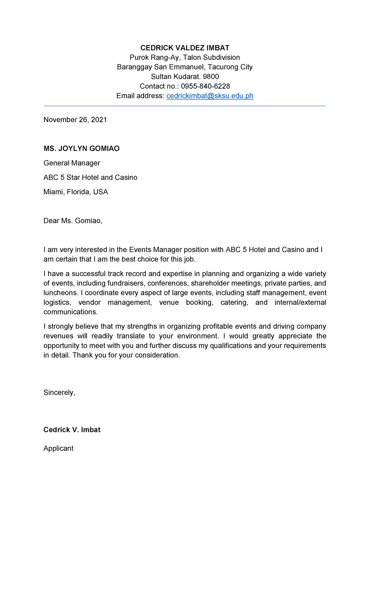 Application Letter - THC6 - CEDRICK VALDEZ IMBAT Purok Rang-Ay, Talon ...