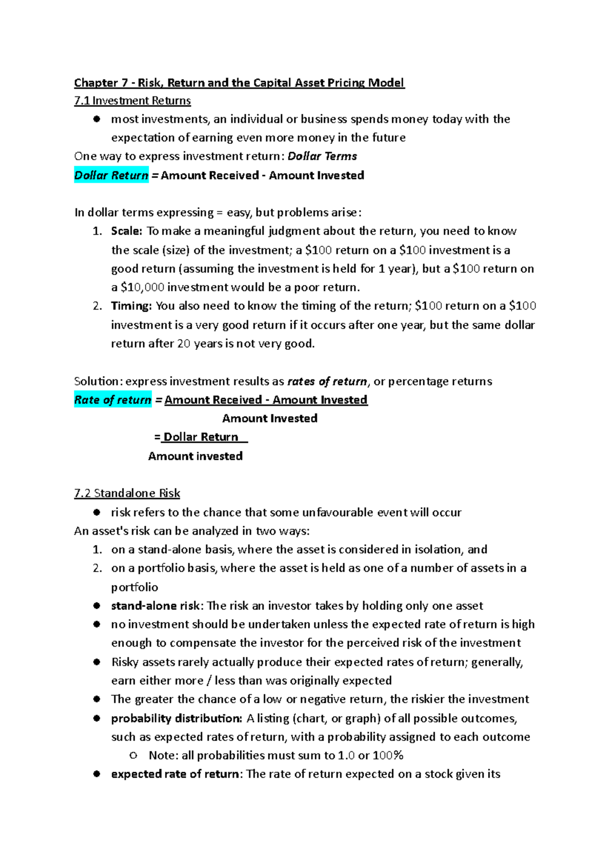 Chapter 7 - Risk, Return and the Capital Asset Pricing Model - Ap/Adms ...