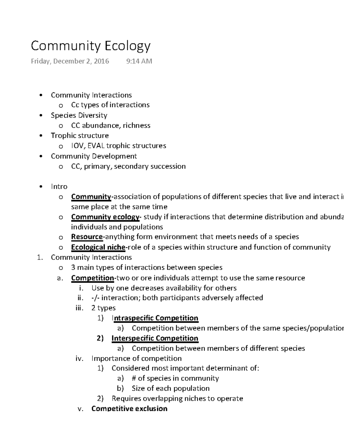 Community Ecology - Lecture notes 21 - Community Ecology Friday ...